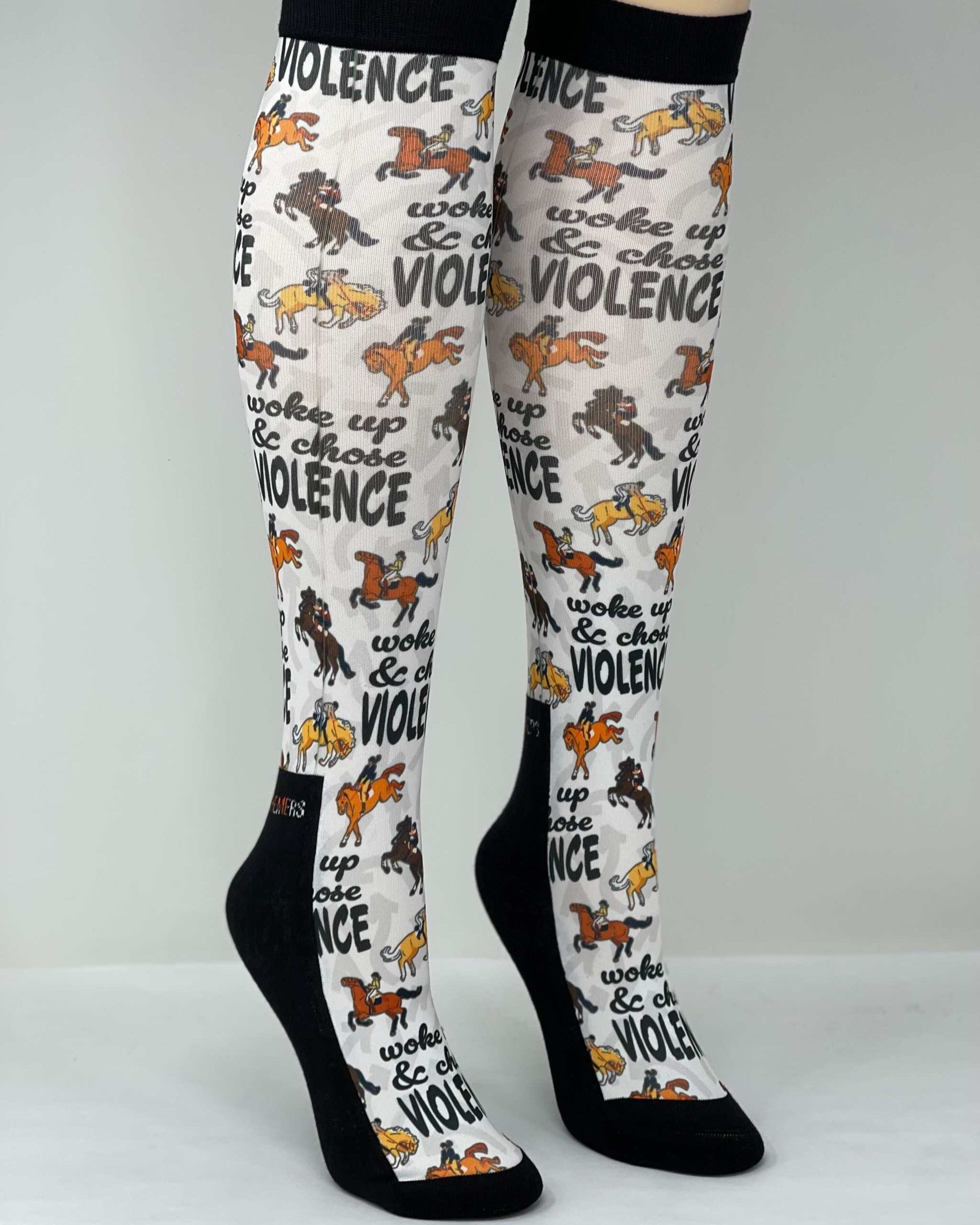 Woke Up Chose Violence Socks with horse print and bold text design, knee-high, black and white, made in USA