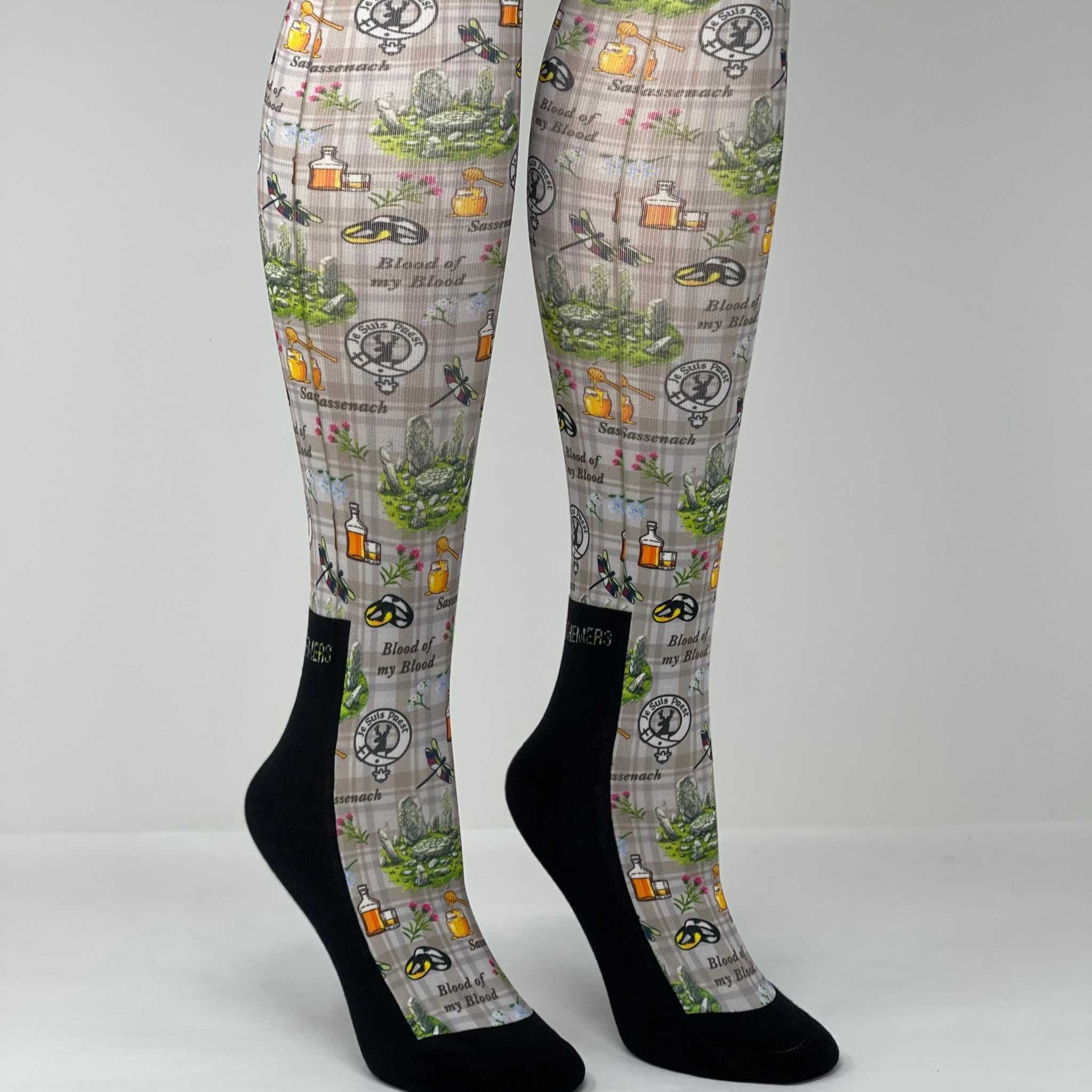 Limited edition Outlander boot socks with unique potion-themed design, made in the USA, crafted from cotton blend, one size fits most