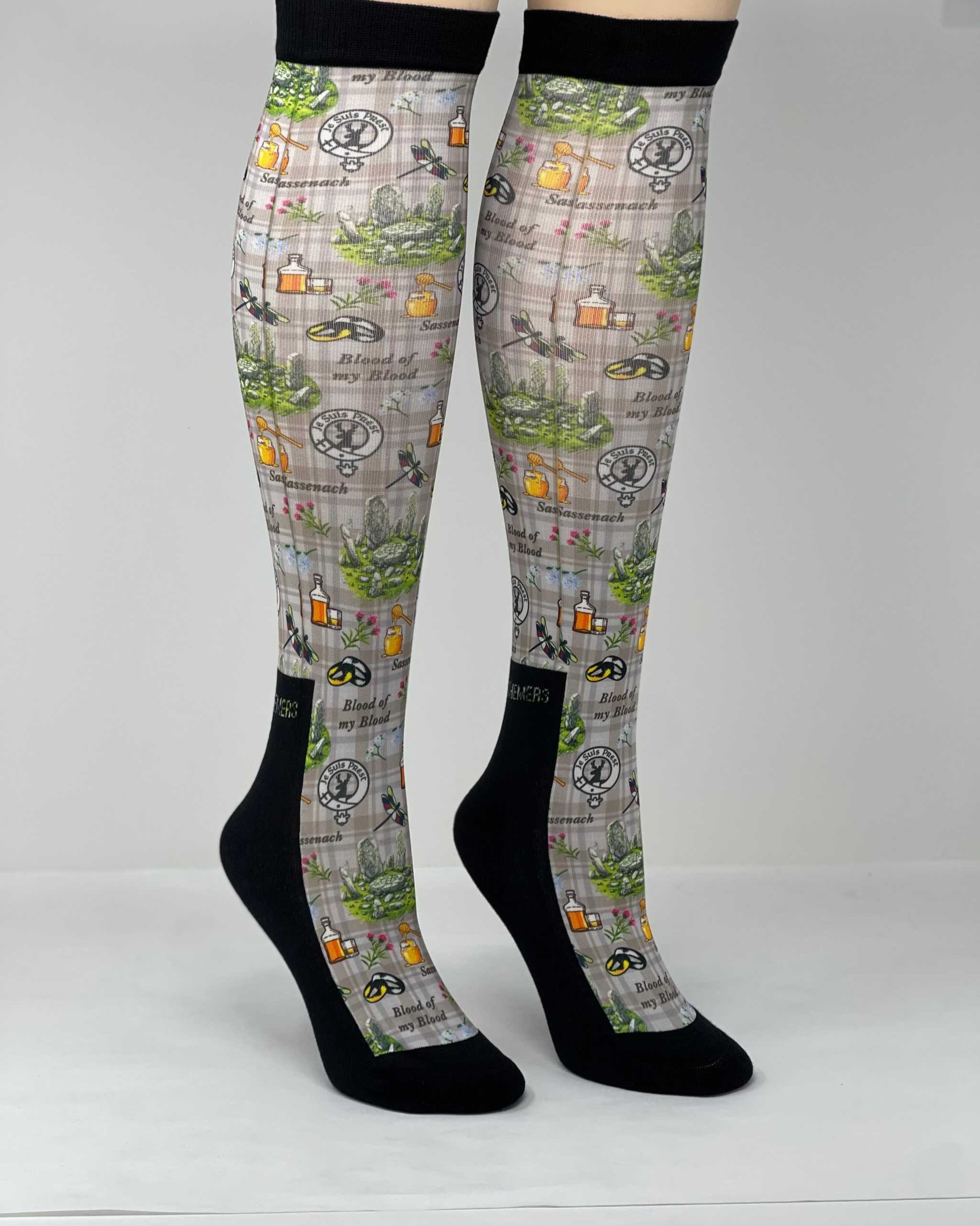 Limited edition Outlander boot socks with unique potion-themed design, made in the USA, crafted from cotton blend, one size fits most