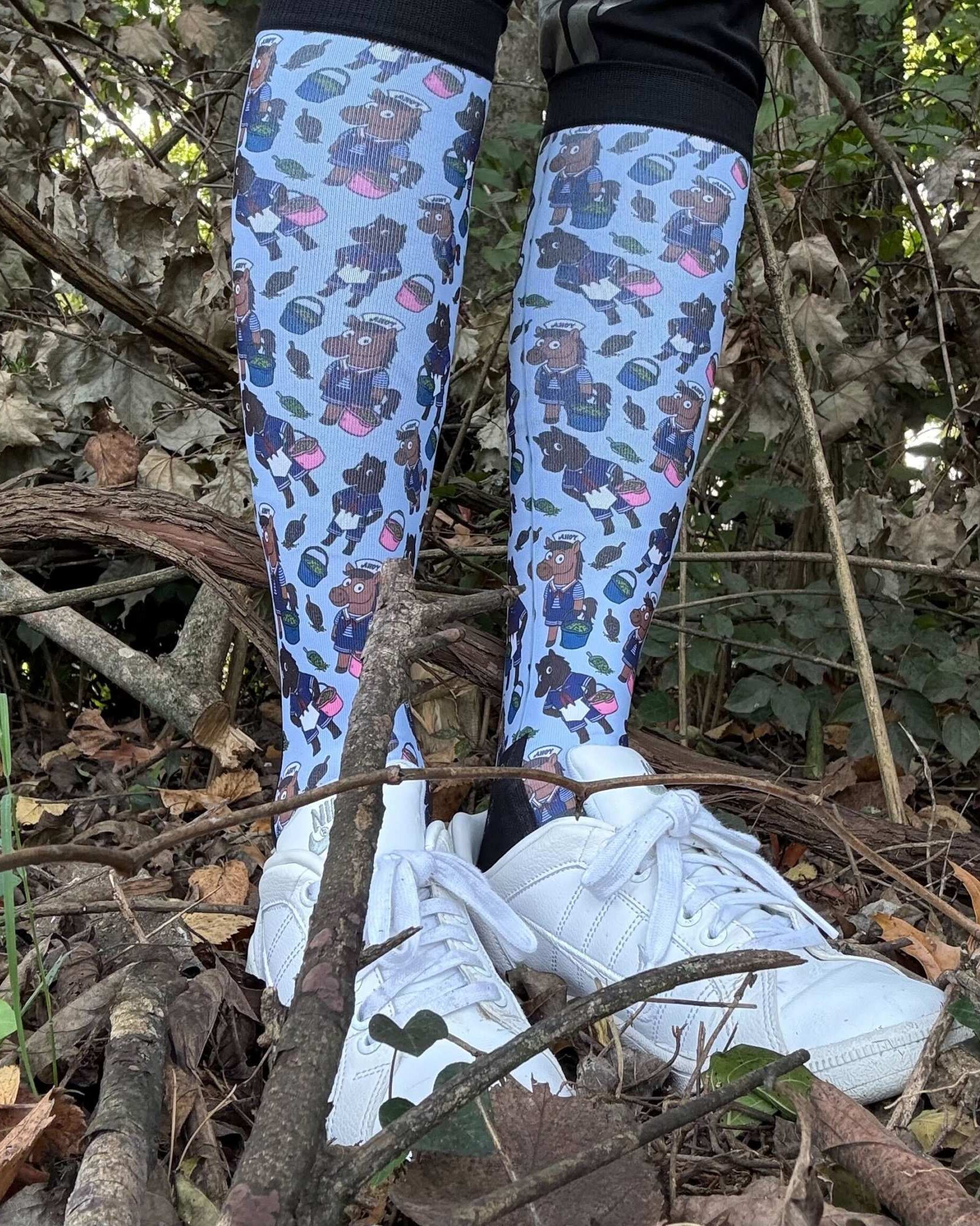 Limited edition Scoops Ahoy boot socks with horse and ice cream parlor design, soft and stretchy, made in USA