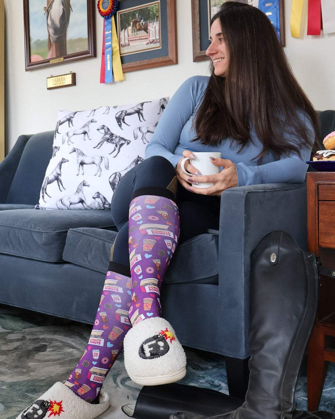 : Donuts 2.0 limited edition equestrian boot socks featuring donut sprinkles print, alternate angle, by Dreamers & Schemers