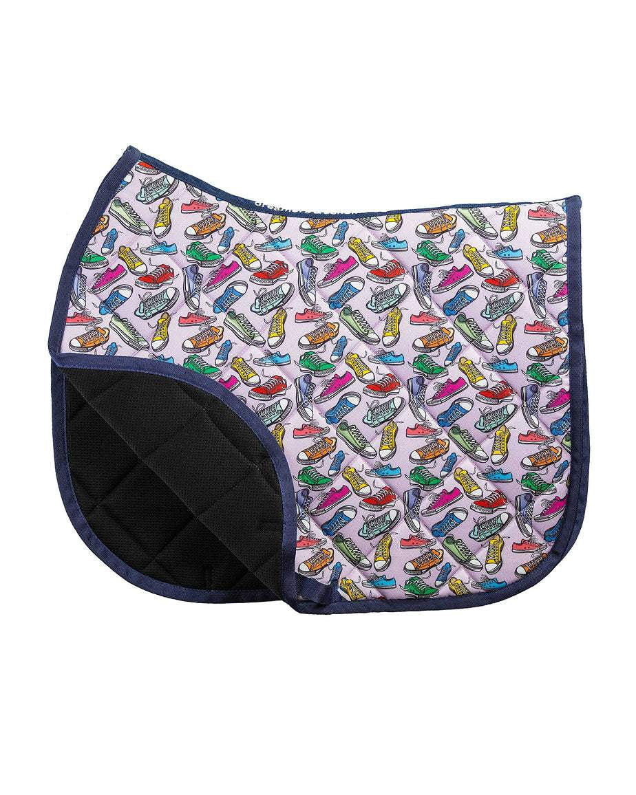 Kicks all-purpose saddle pad featuring sneaker shoe kicks, alternate angle, by Dreamers & Schemers