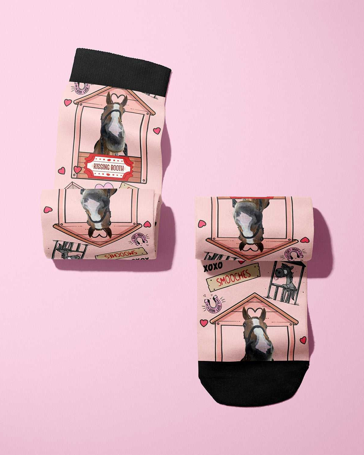 Custom kissing booth printed boot socks with horse design on pink background