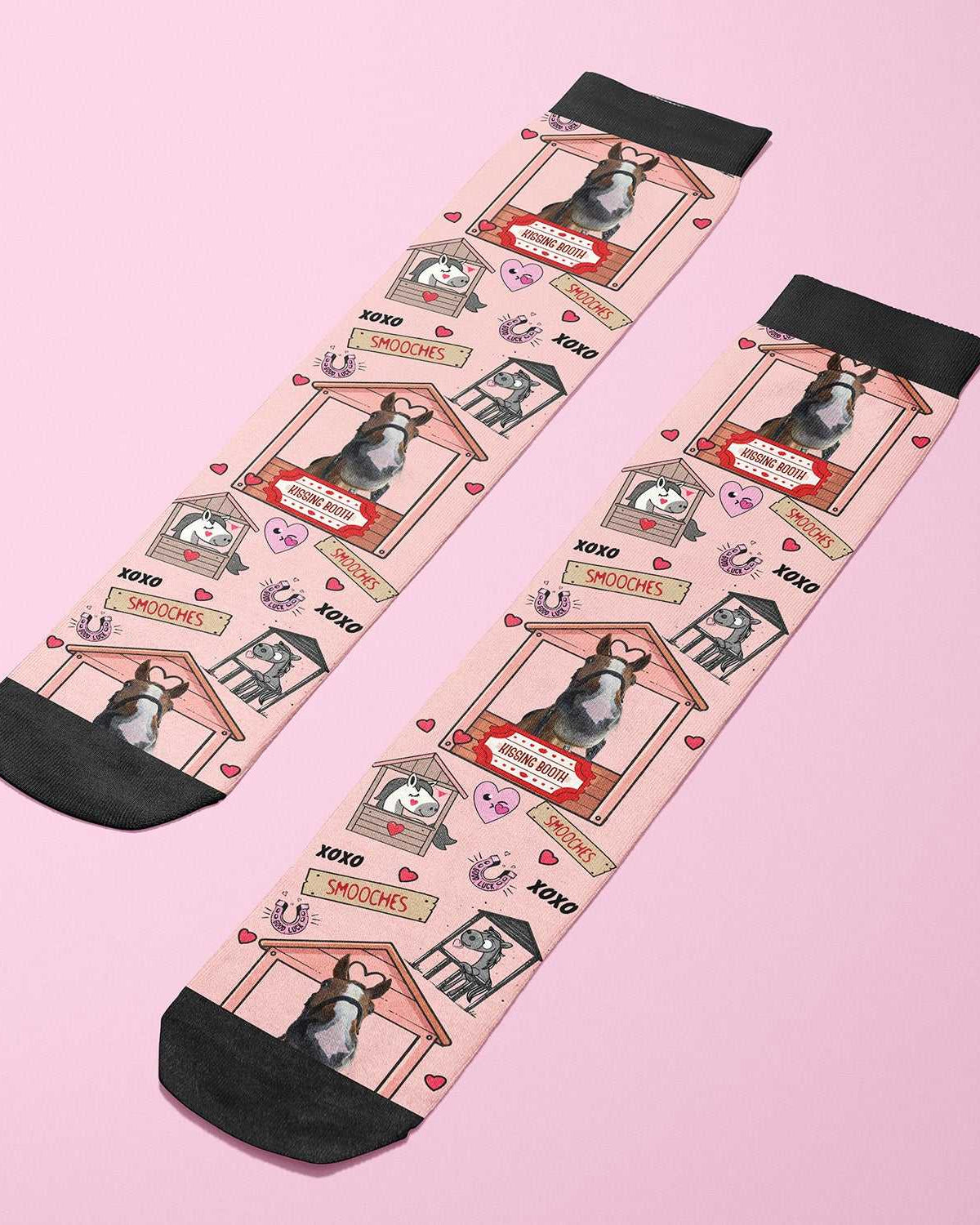 Custom boot socks with kissing booth horse and heart pattern on pink background