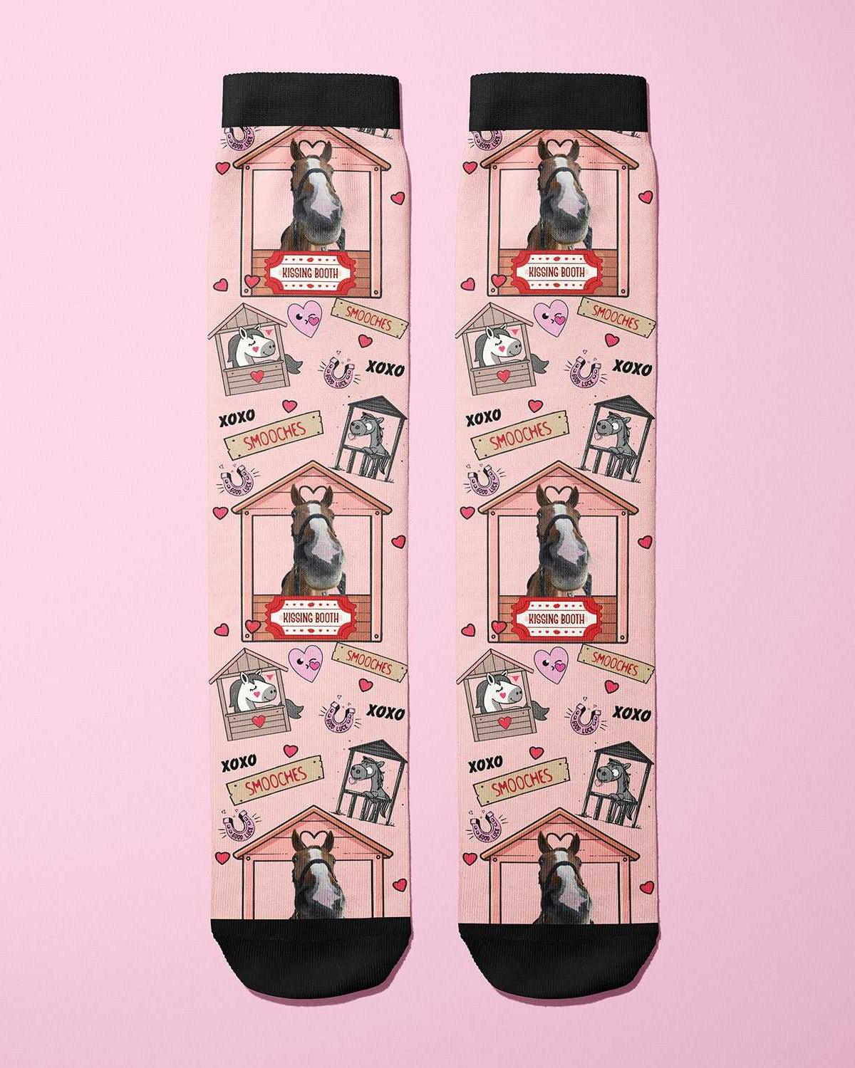 Custom kissing booth boot socks with horse and love-themed design on pink background