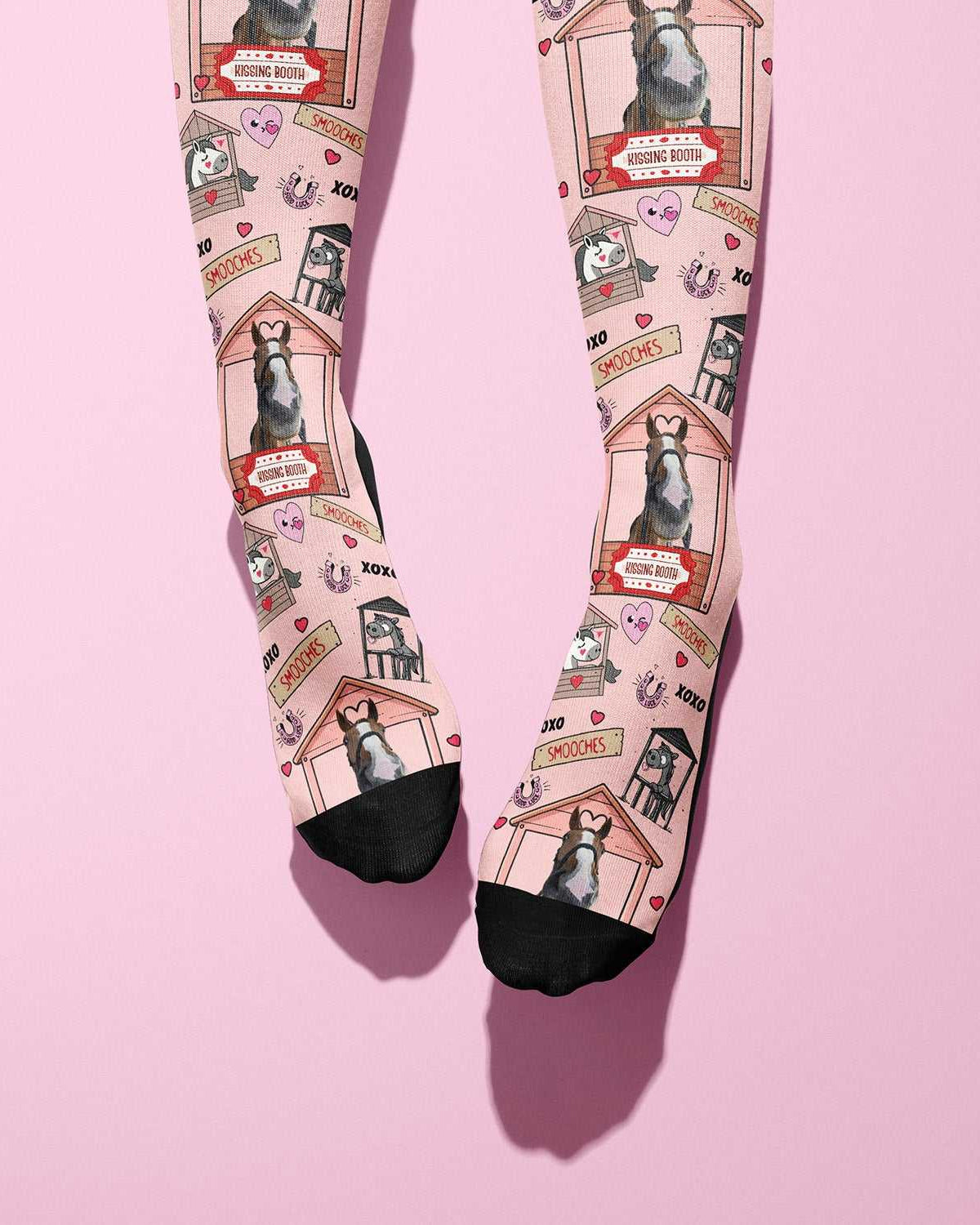 Custom pink boot socks with kissing booth horse design and black toes