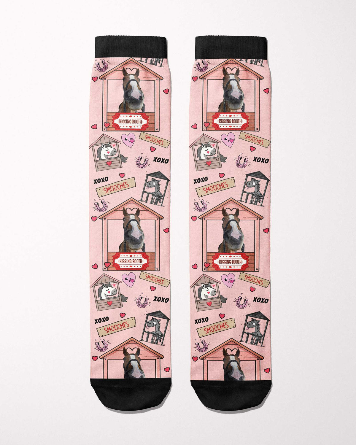 Kissing Booth custom photo equestrian boot socks, flat lay showing the complete pattern, by Dreamers & Schemers