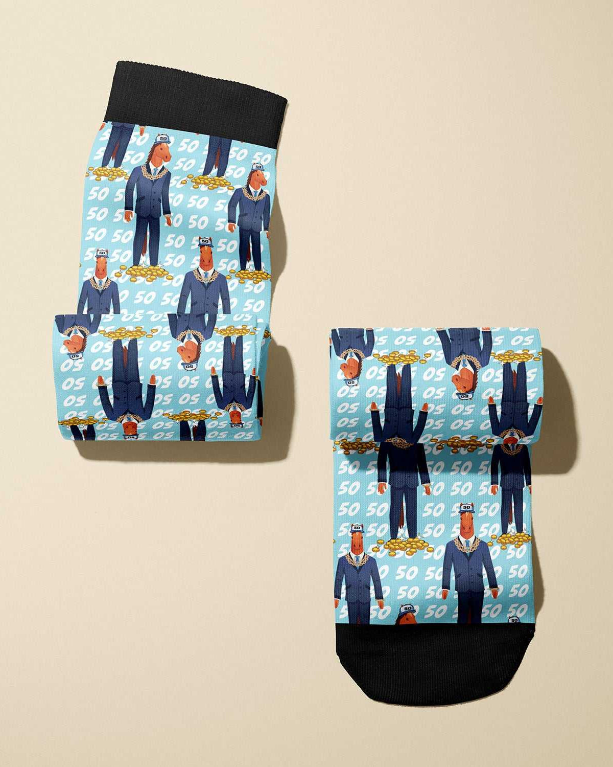 Limited edition boot socks with colorful 50 Cent graphic pattern, soft stretchy fabric blend, one size fits most, made in USA