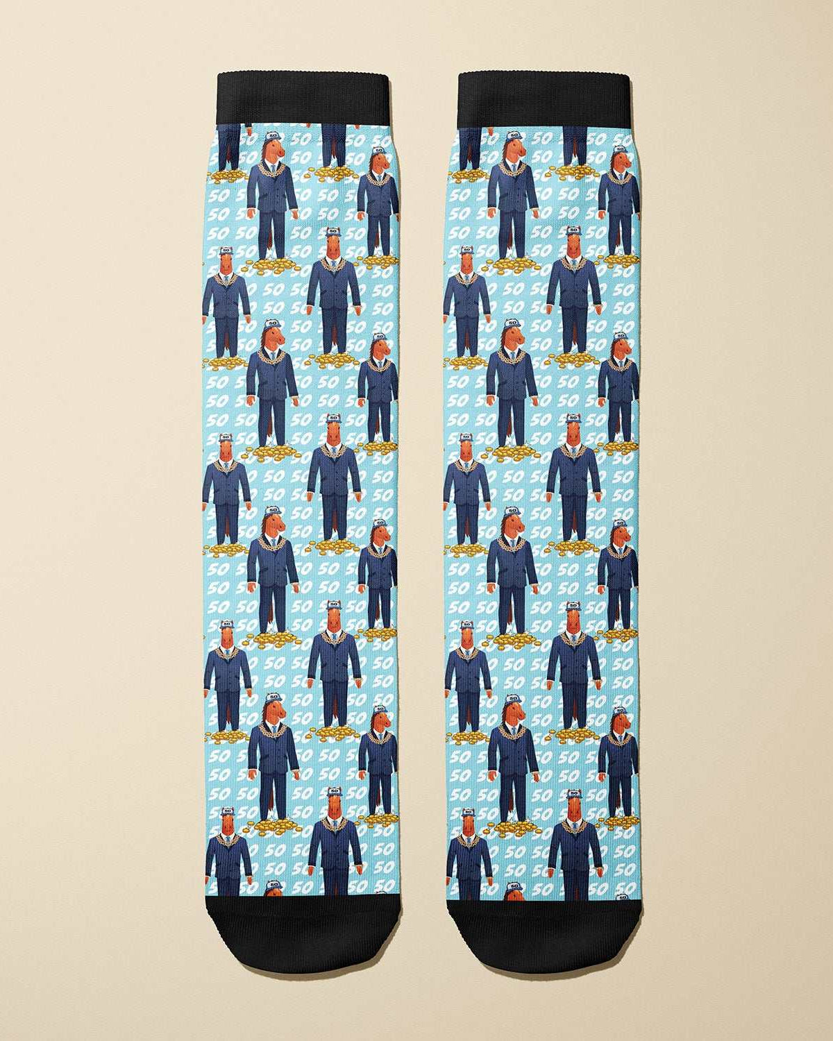 Limited Edition boot socks with illustrated figure and "50" pattern, soft and stretchy, made in USA