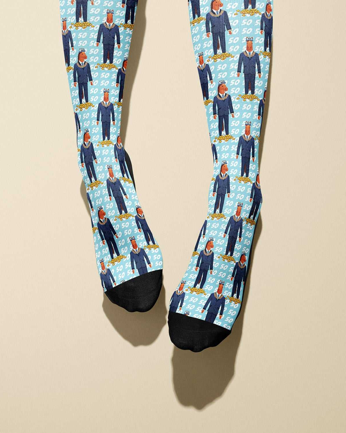 Limited edition boot socks with unique printed design, soft, stretchy, made in USA
