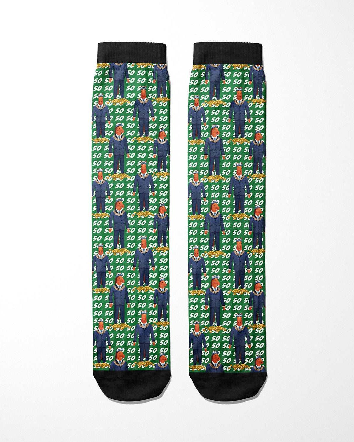 Limited edition colorful boot socks with 50 cent and microphone pattern, made in USA, soft and stretchy materials