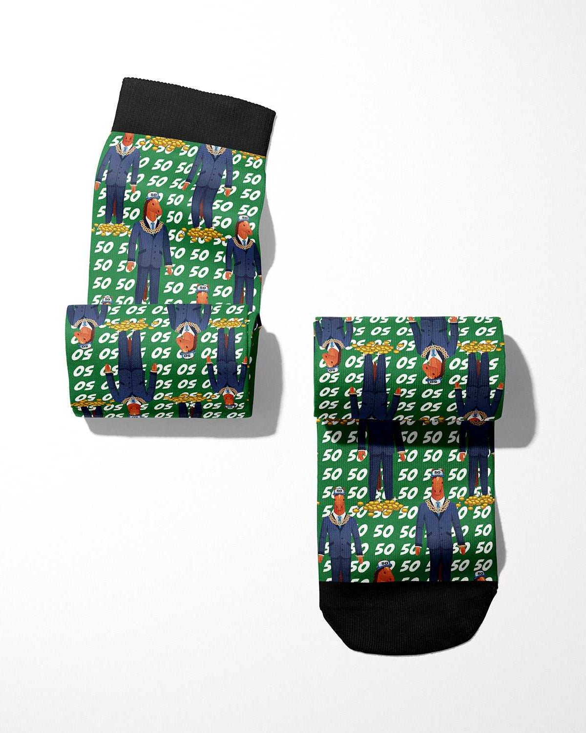 Limited edition green boot socks with 50 and figure print, soft stretchy cotton blend for equestrians