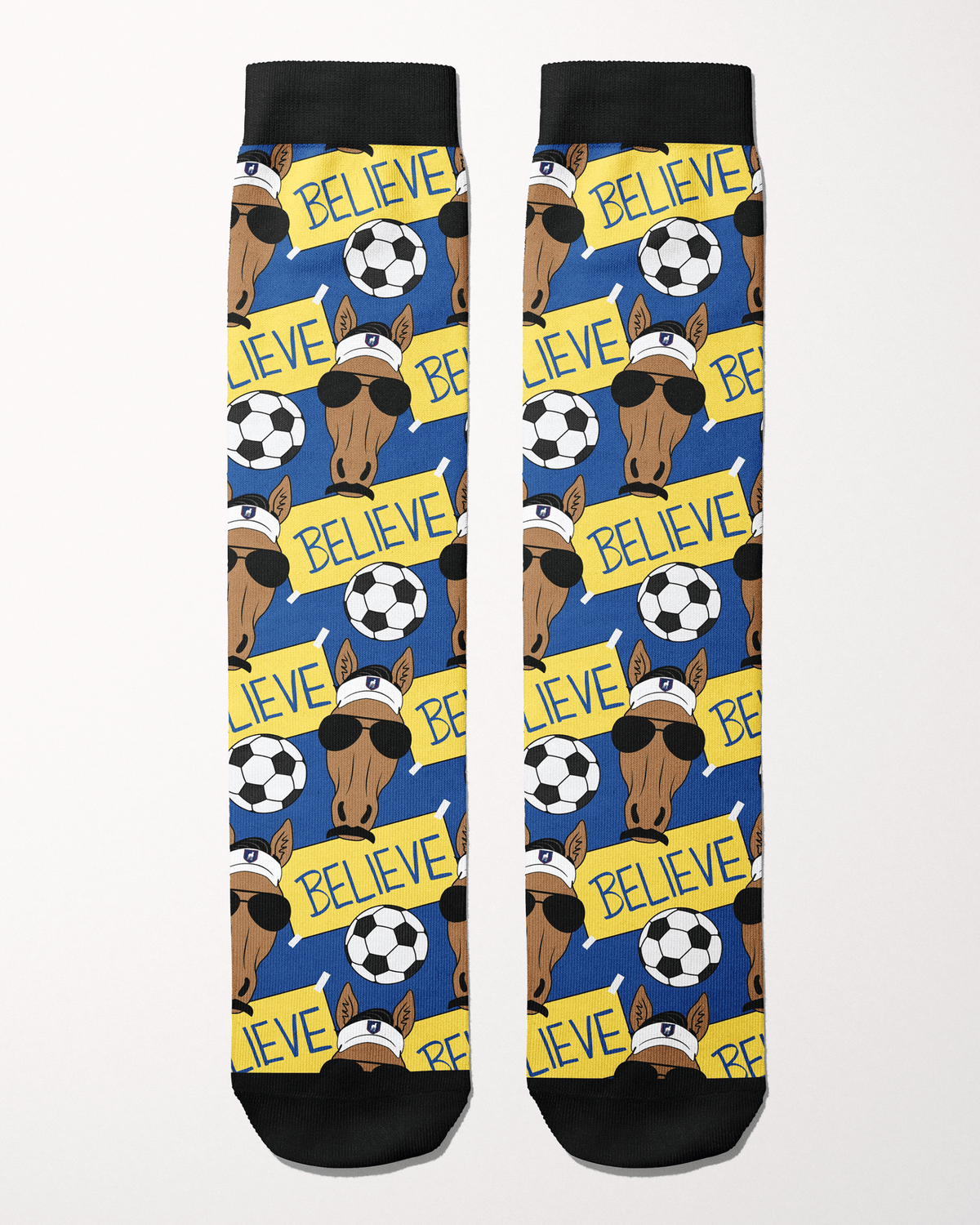 Keep Believin limited edition boot socks with blue and yellow soccer ball and coach print