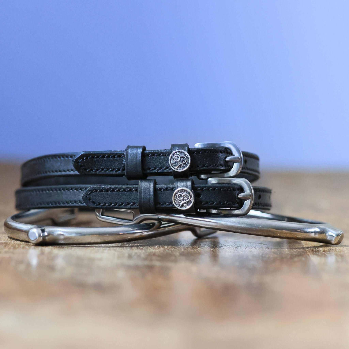 Black leather Leo zodiac spur straps coiled on wood beside a silver bit