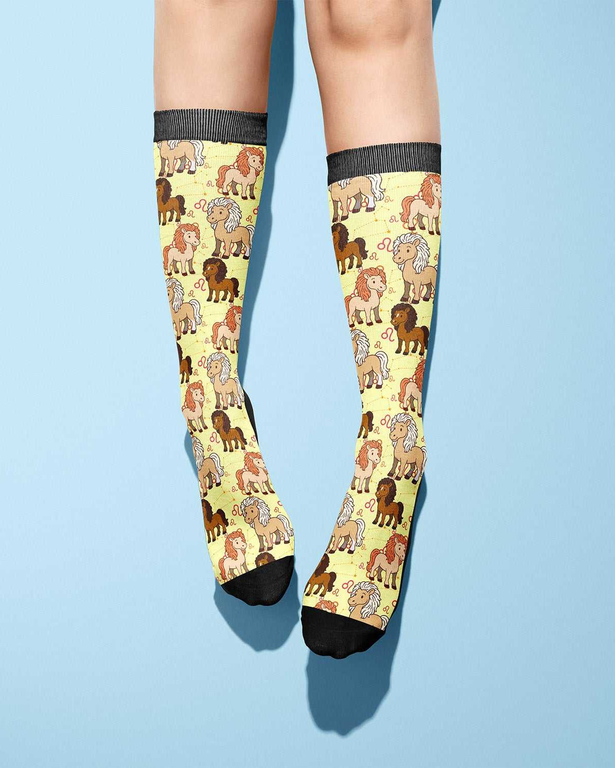 Limited edition Leo Zodiac boot socks with colorful lion pattern, crafted in the USA, one size fits most