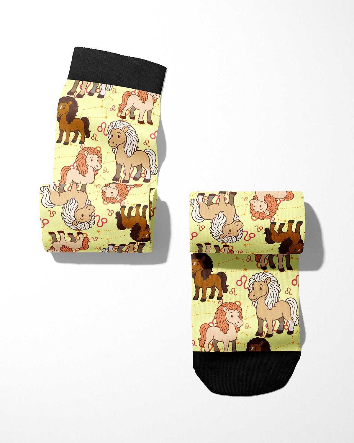 Leo zodiac themed boot socks with horse illustrations and black cuffs