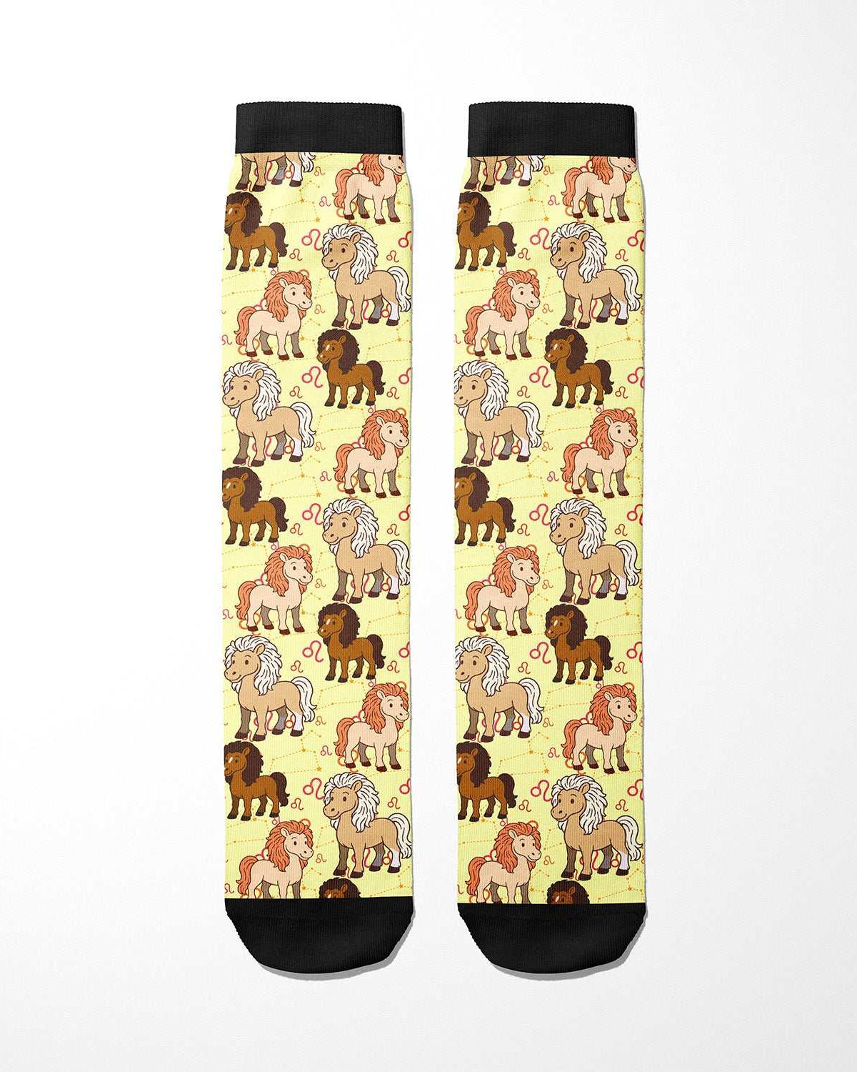 Leo Zodiac boot socks with colorful lion and horse pattern, made in USA, one size fits most