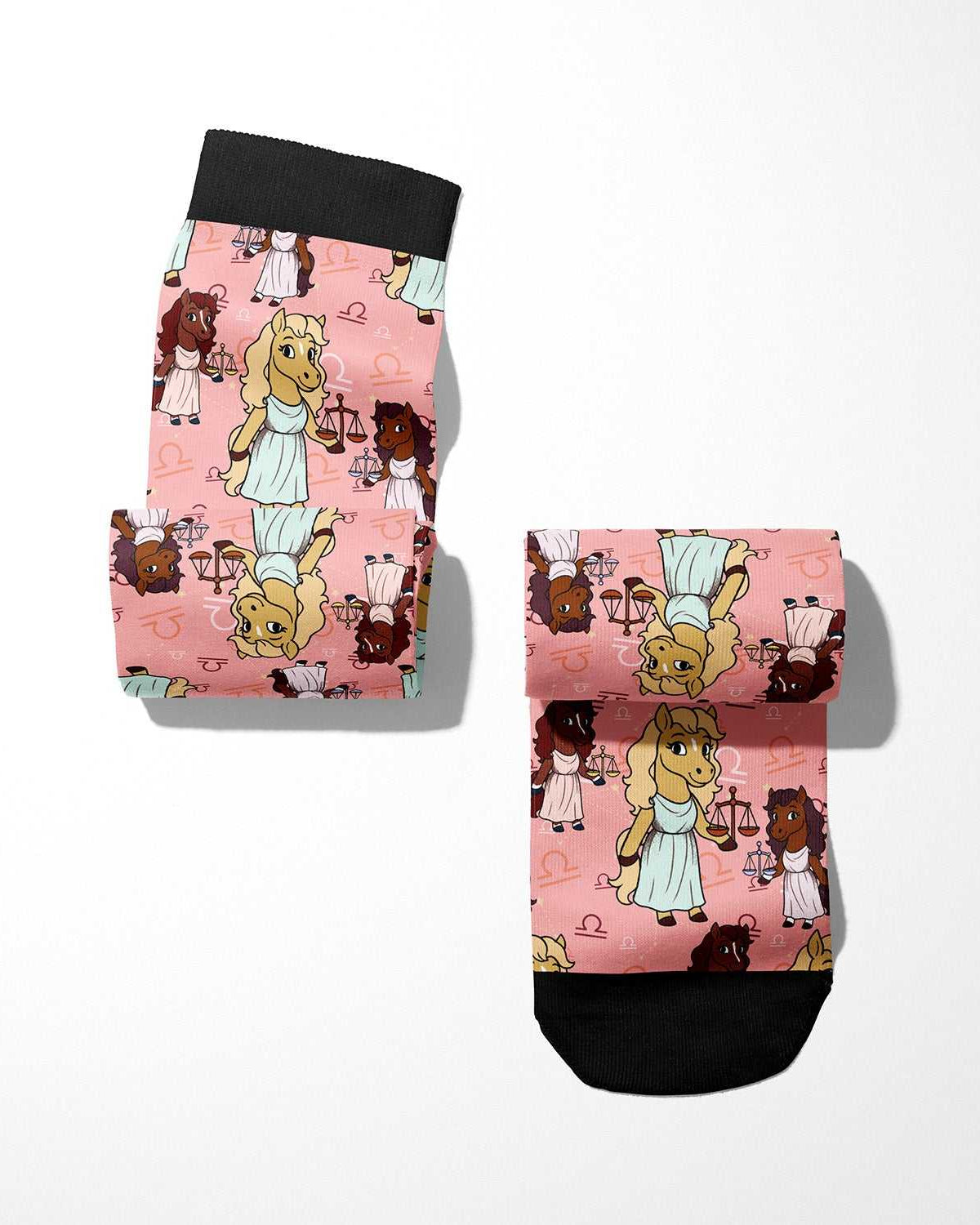 Limited edition Libra zodiac boot socks with equestrian design on pink background, made in USA, one size fits most.