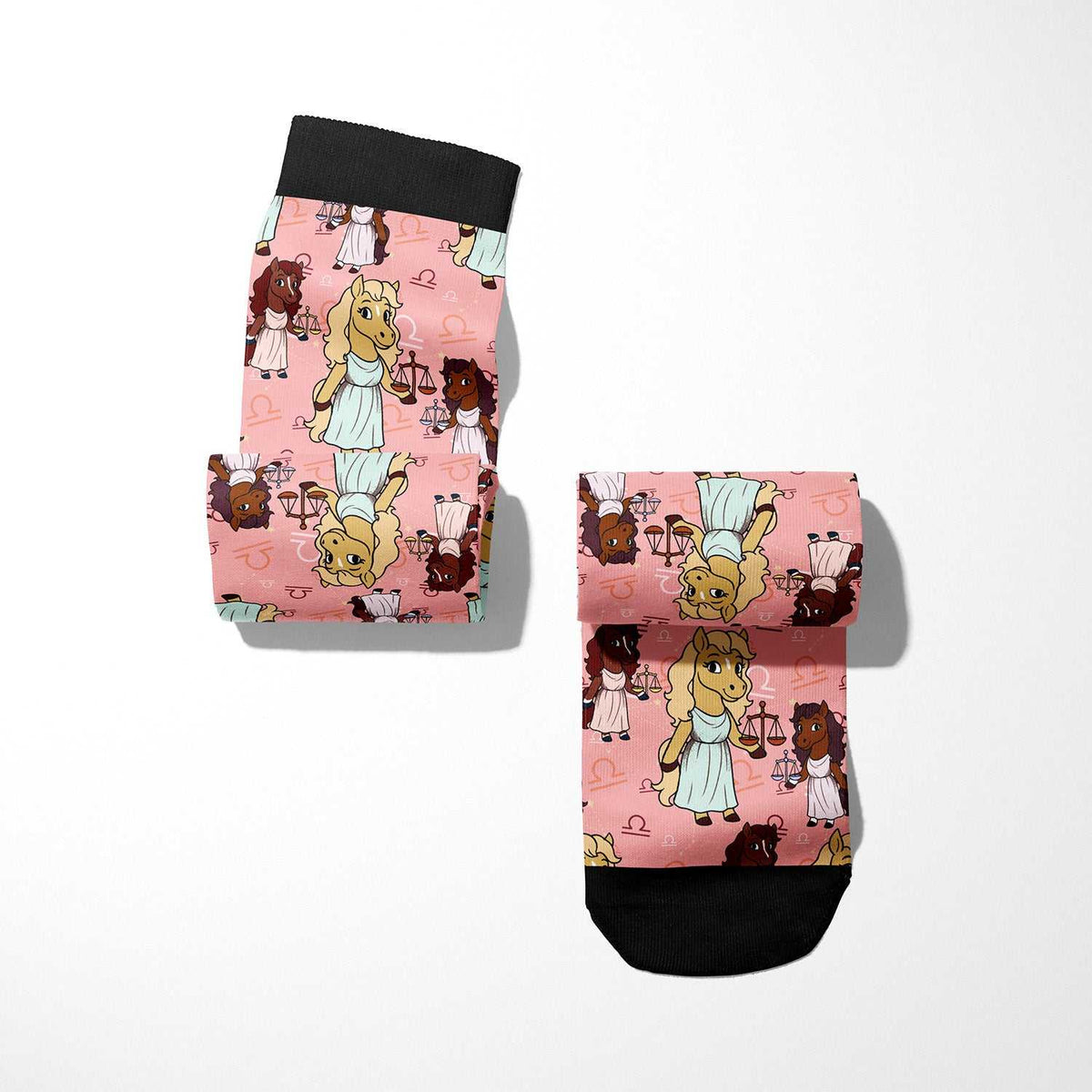Limited edition Libra zodiac boot socks with equestrian design on pink background, made in USA, one size fits most.