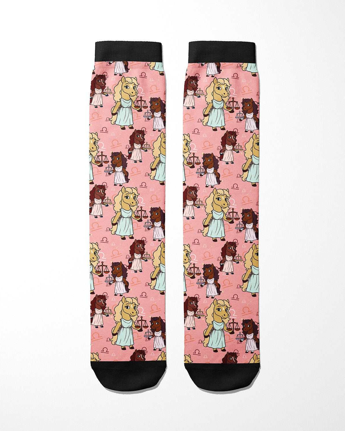 Limited edition Libra zodiac themed boot socks with pink background and cartoon equestrian characters