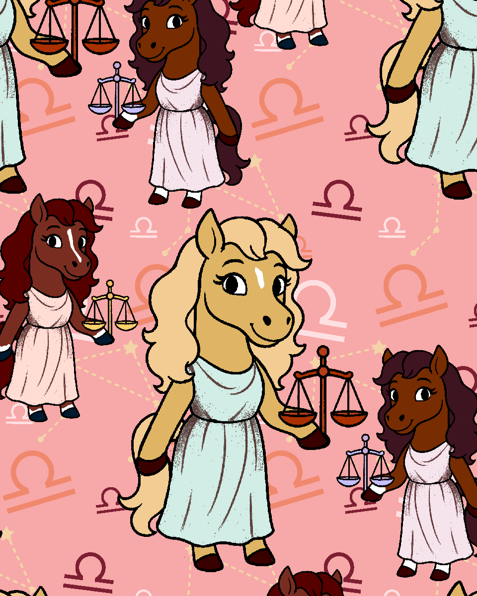 Libra zodiac boot socks with cartoon horse characters and scales pattern on pink background