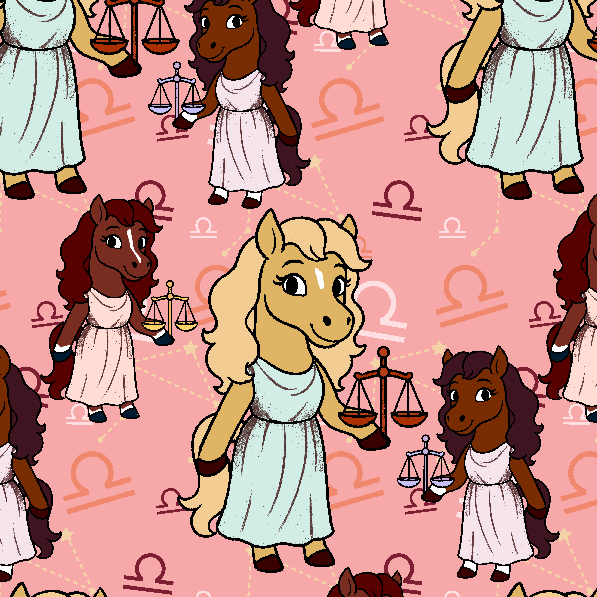 Libra zodiac boot socks with cartoon horse characters and scales pattern on pink background