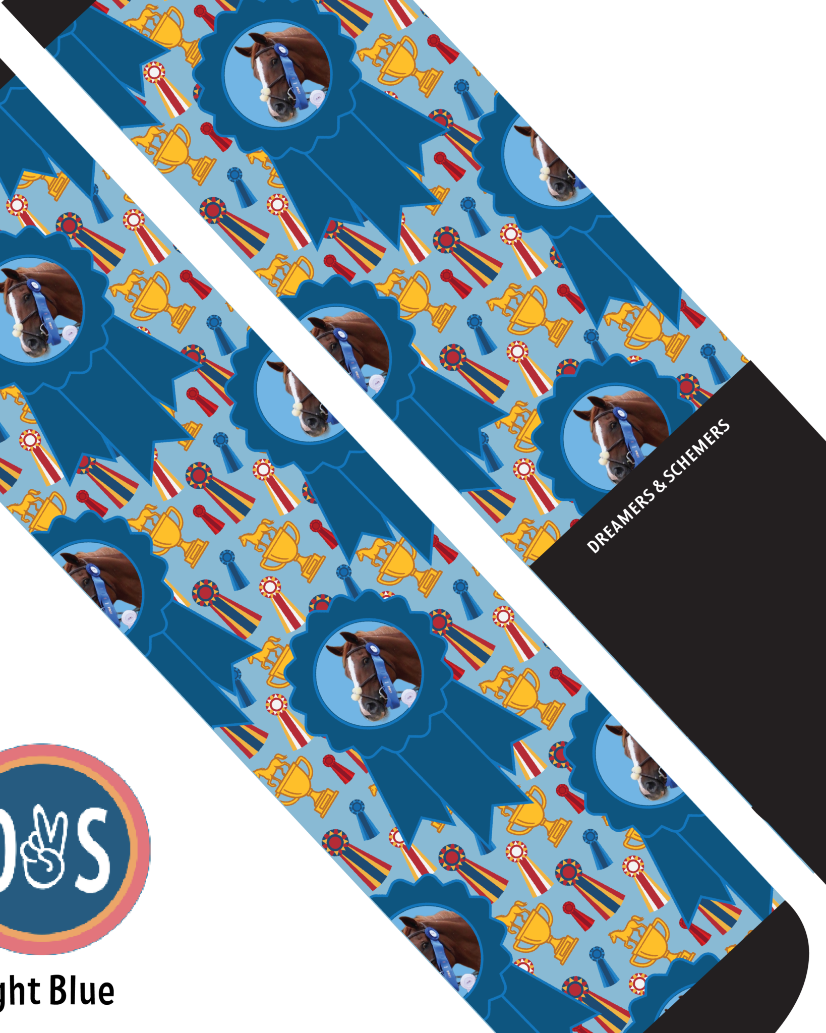 Custom blue ribbon winner boot socks with personalized photo and pattern design