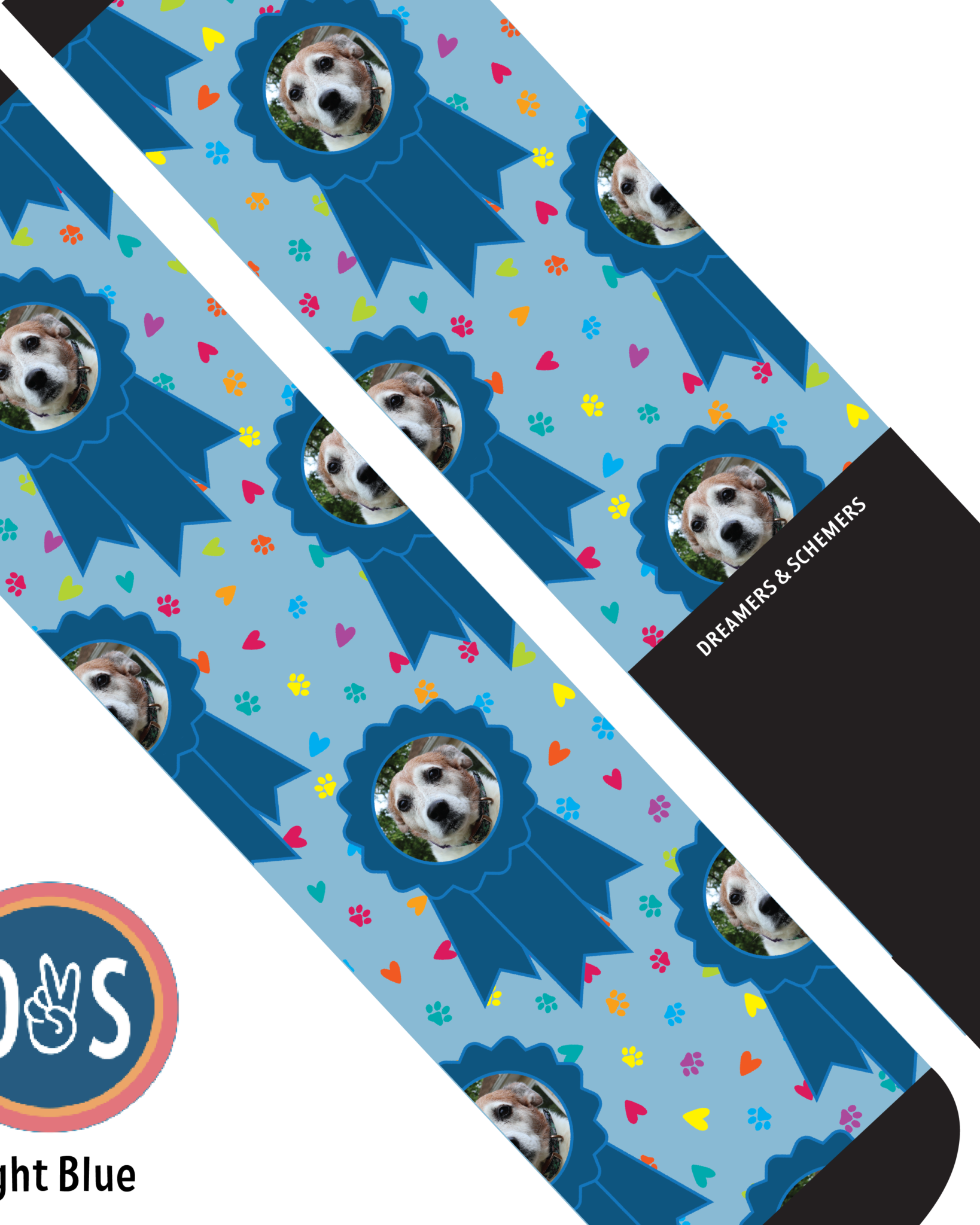 Custom blue ribbon and paw print boot socks with personalized photo design