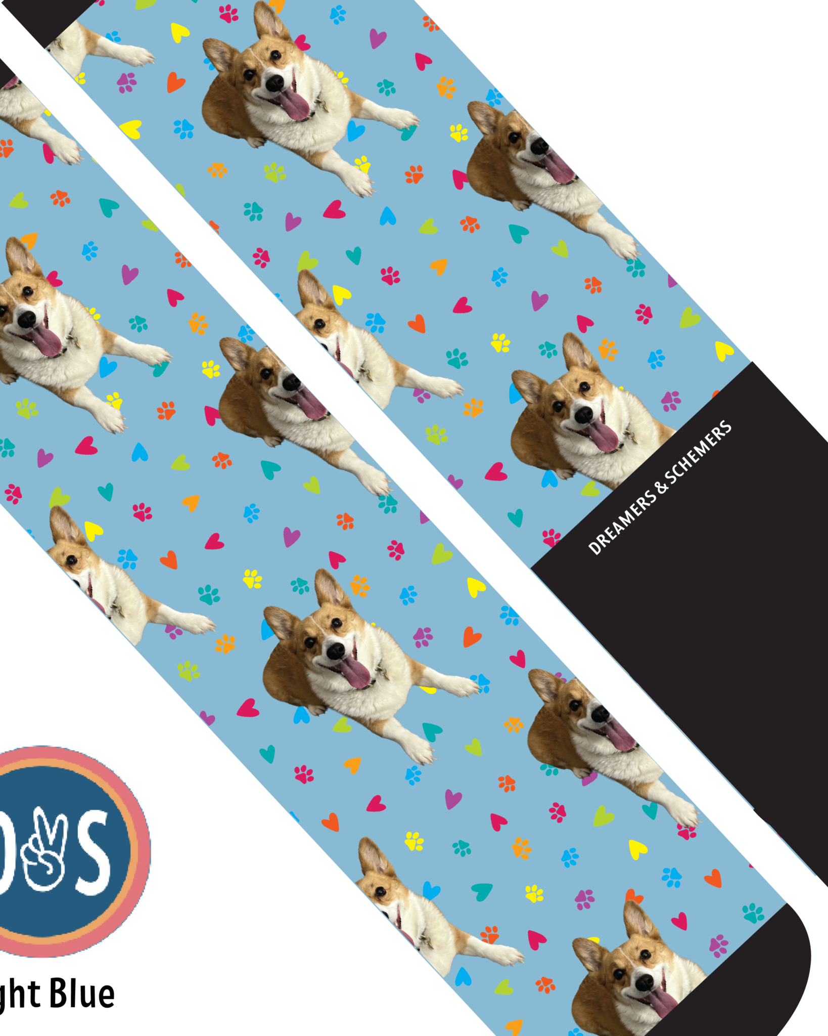Light blue custom boot socks with repeated corgi dog, colorful paw prints, and hearts pattern