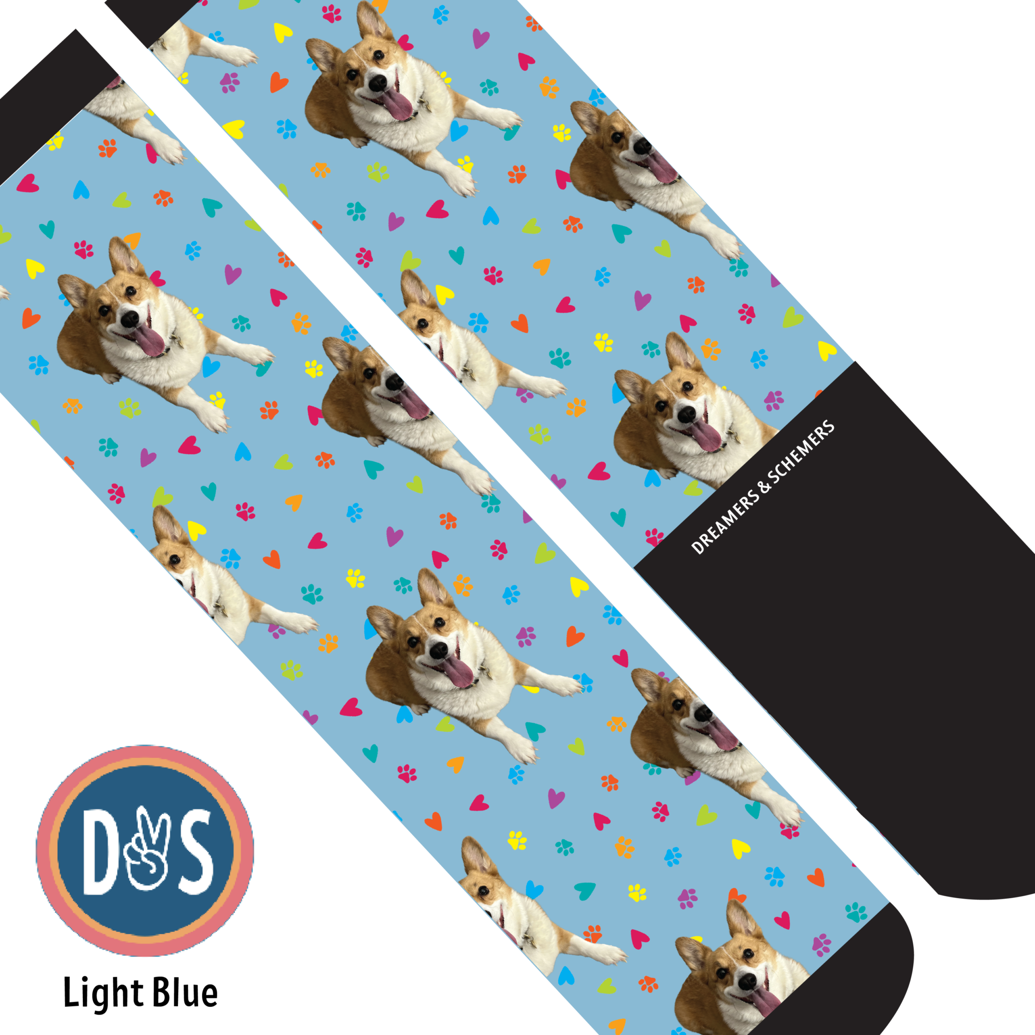 Light blue custom boot socks with repeated corgi dog, colorful paw prints, and hearts pattern