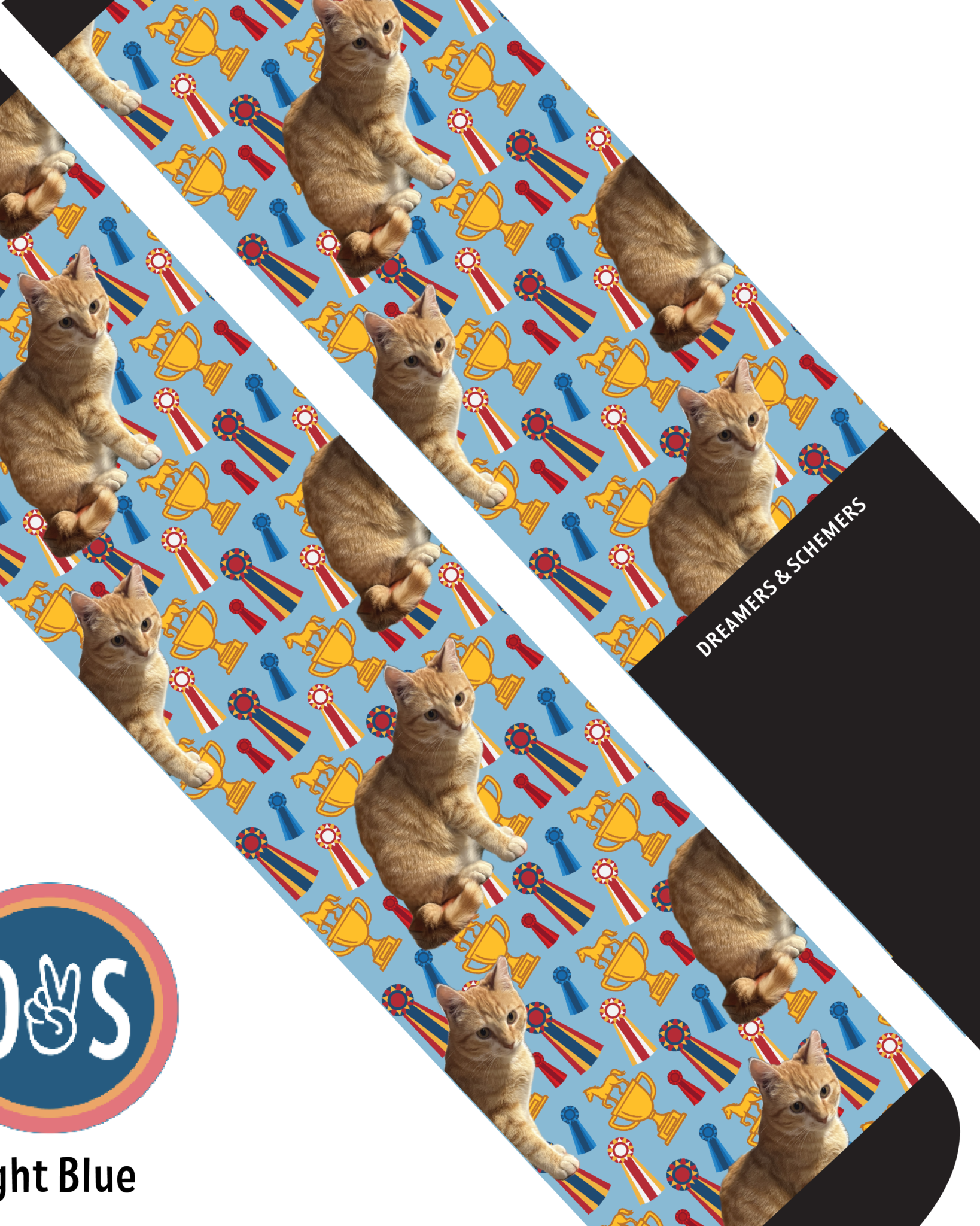 Custom boot socks with cat and trophy pattern on light blue background by Dreamers & Schemers