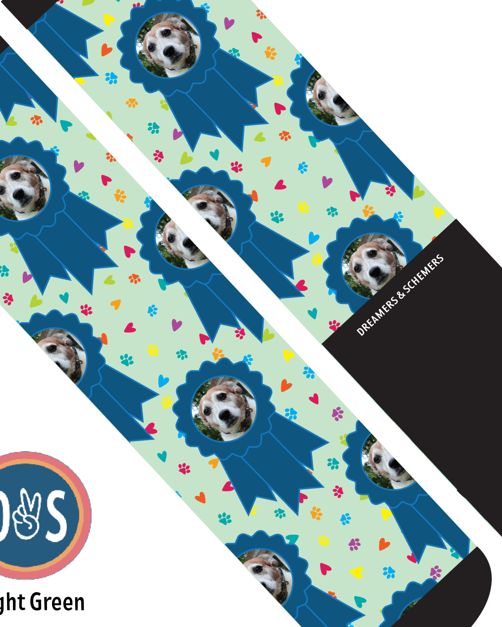 Custom blue ribbon boot socks featuring personalized photo design