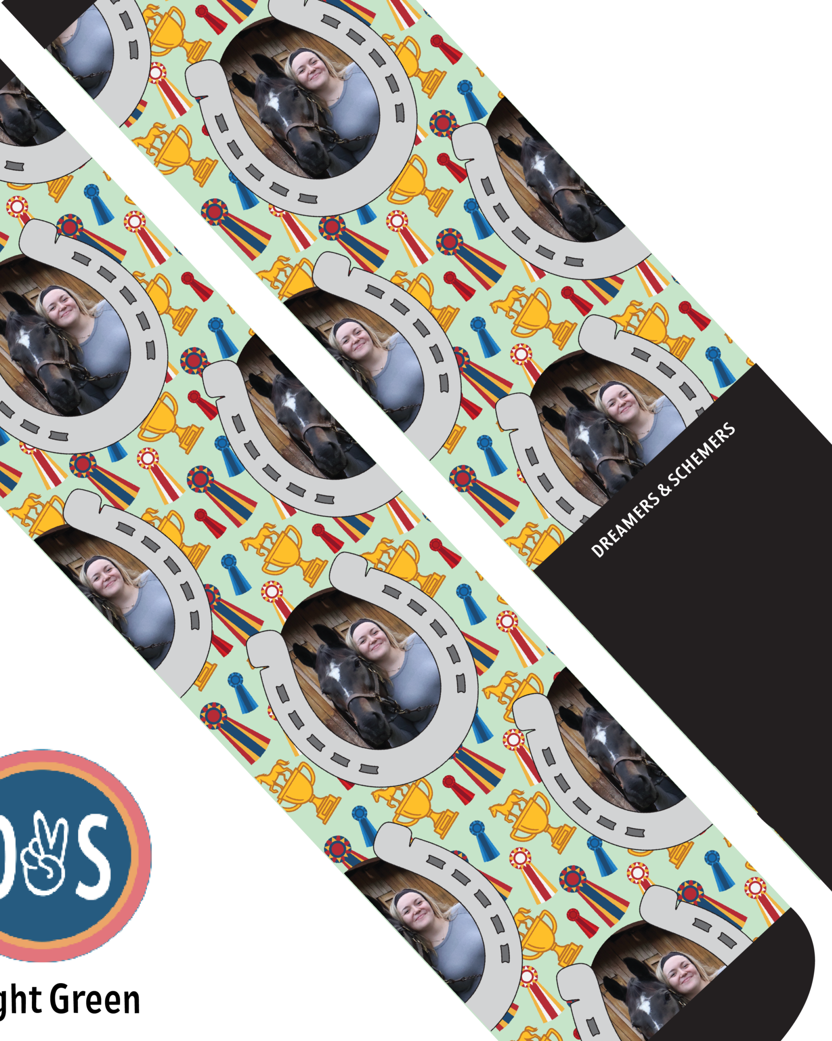 Custom boot socks featuring horseshoes and winner winner design for adults and youth