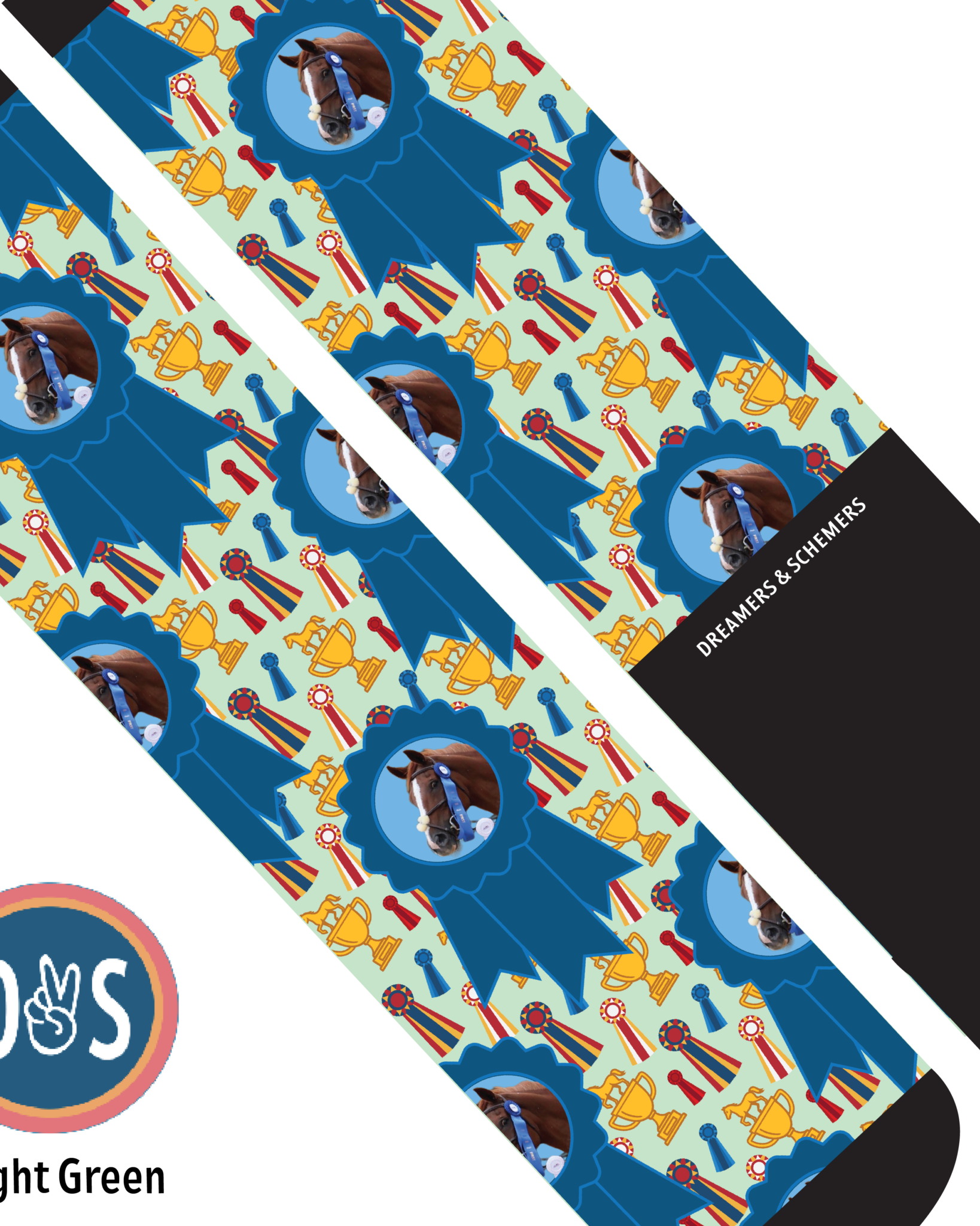 Custom blue ribbon winner boot socks with personalized photo and design