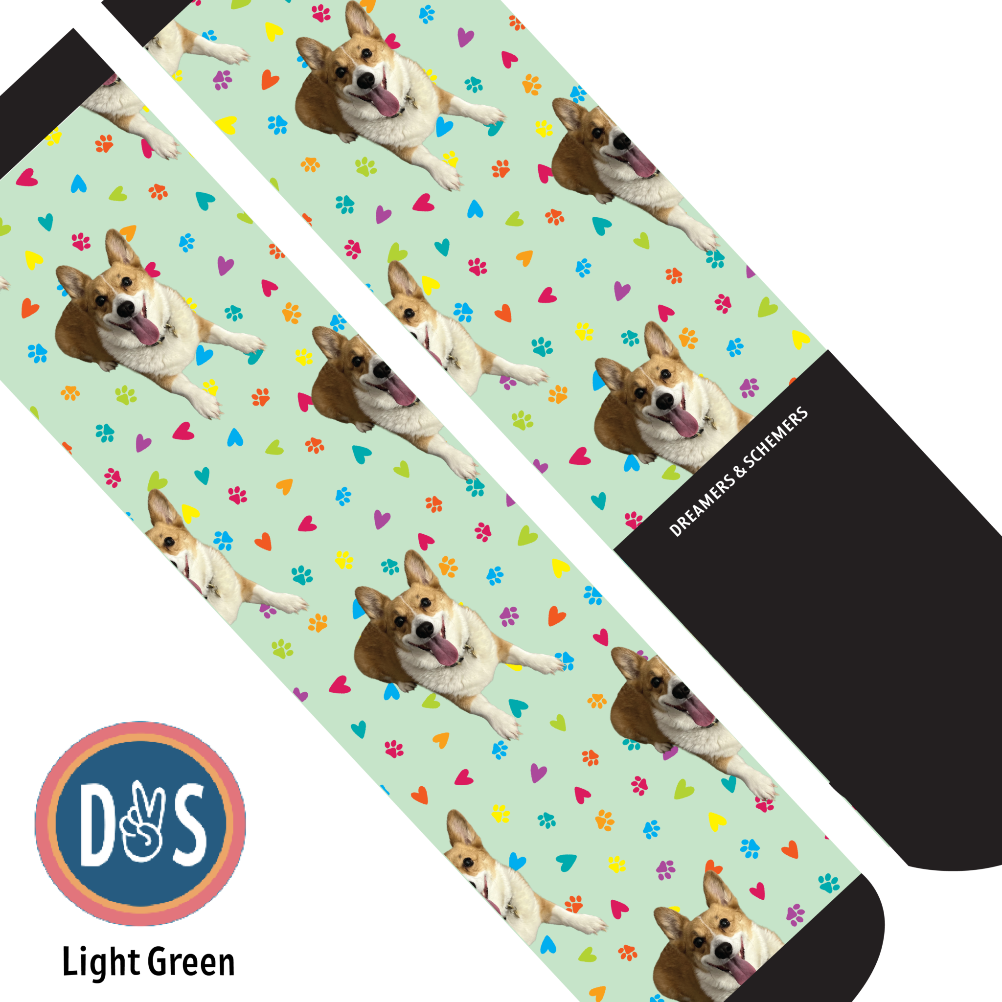 Light green custom boot socks with corgi dog and colorful hearts pattern