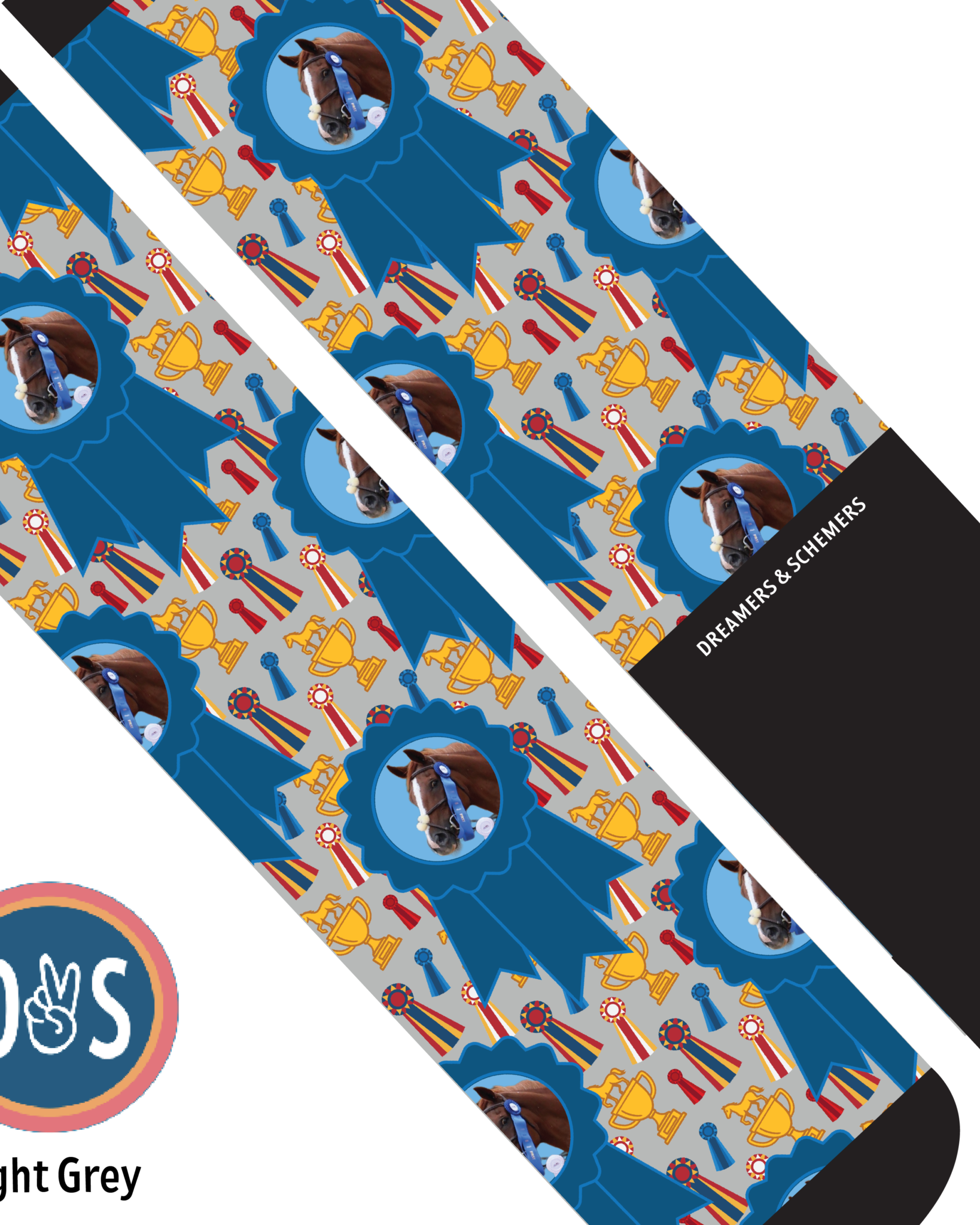 Custom blue ribbon winner boot socks with personalized photo design