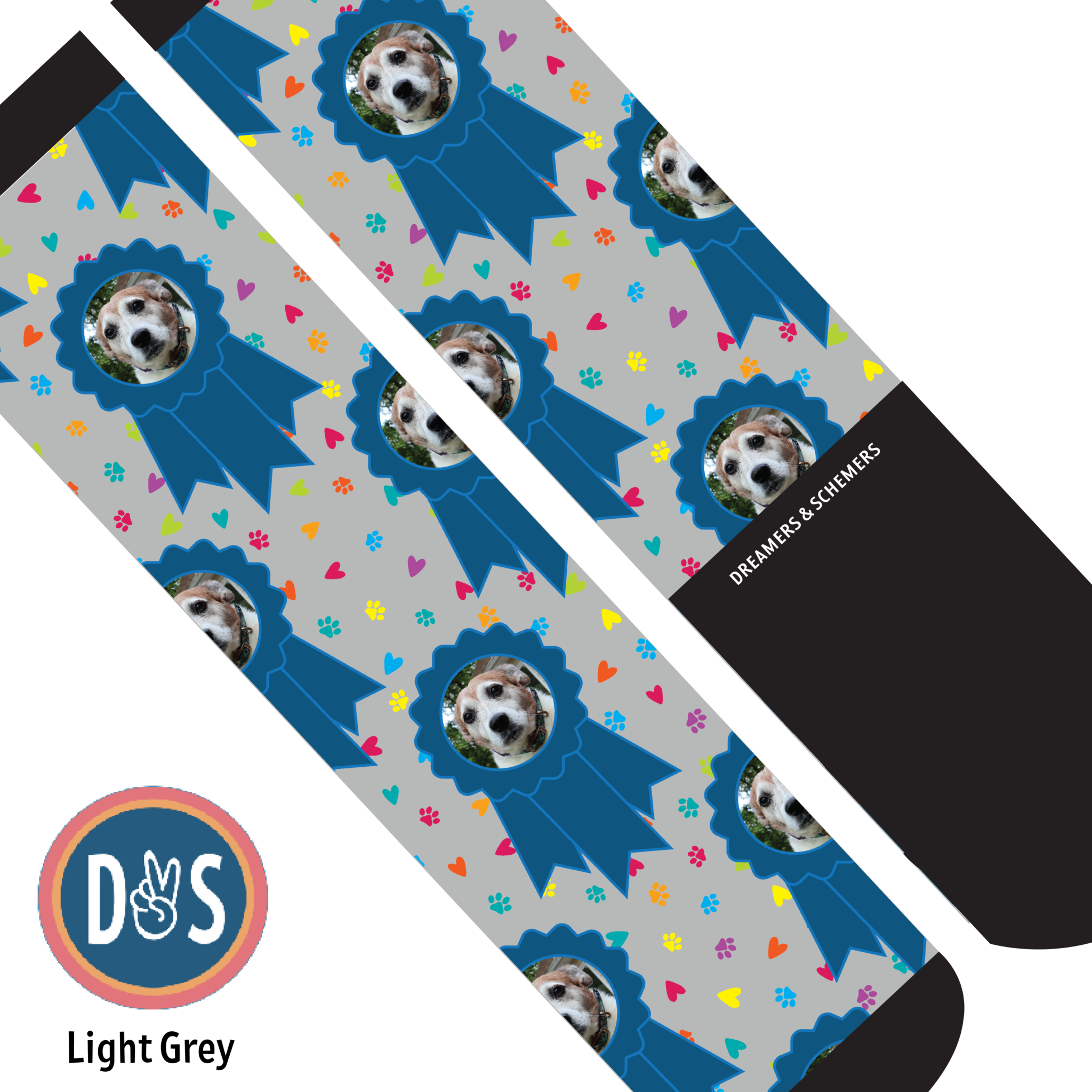 Custom boot socks with personalized photo on blue ribbon and paw print design