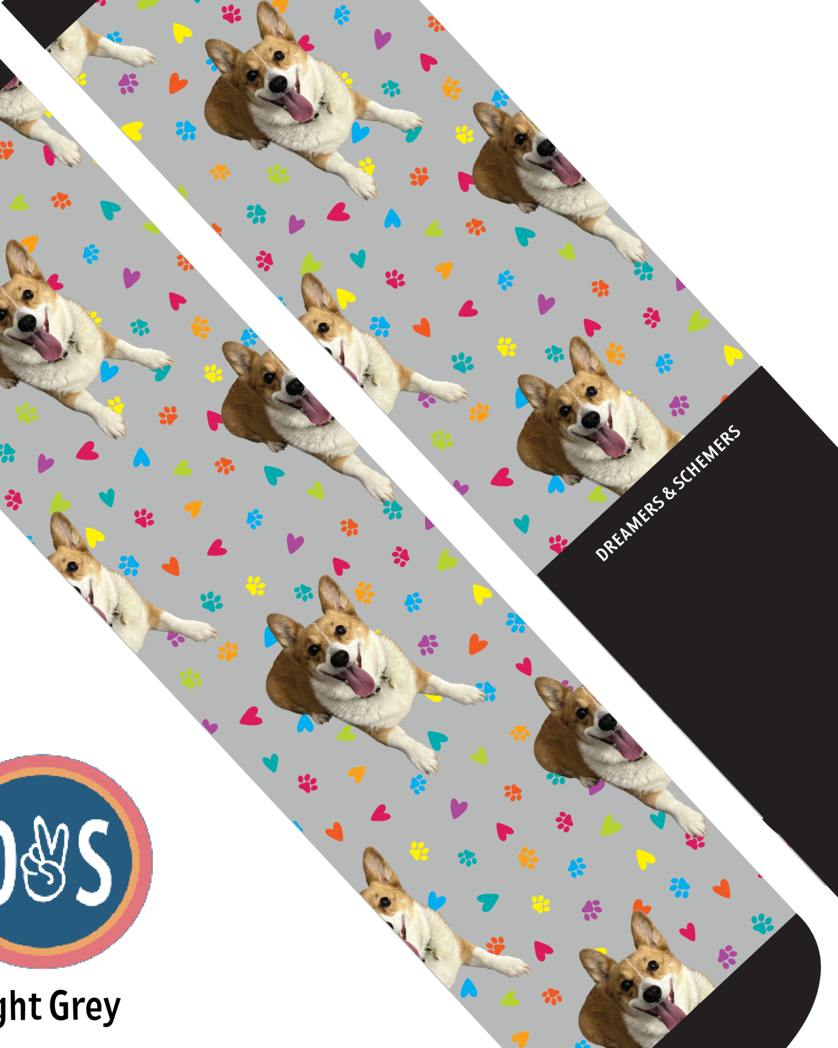Custom boot socks with repeated corgi dog and colorful paw prints on light grey background