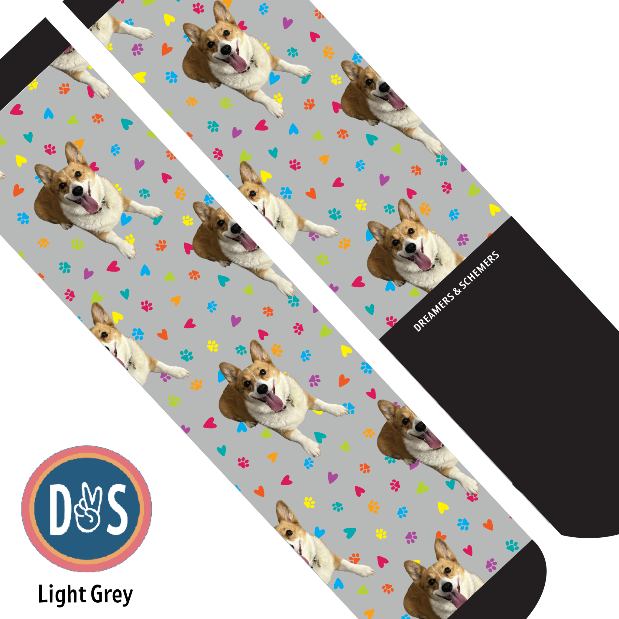Custom boot socks with repeated corgi dog and colorful paw prints on light grey background