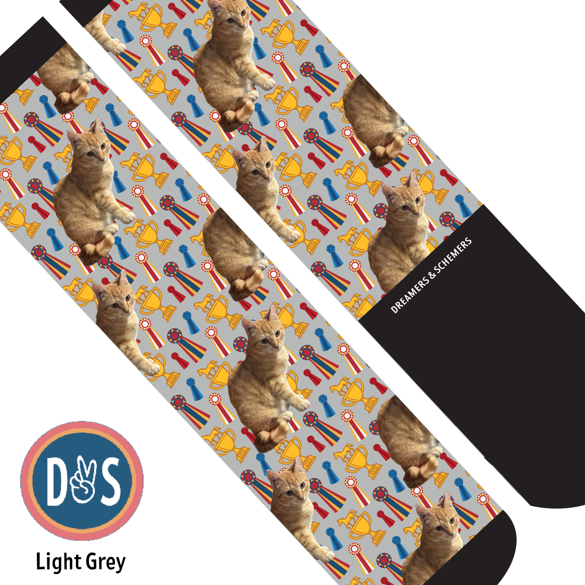 Custom boot socks with cat and trophy pattern in light grey by Dreamers & Schemers