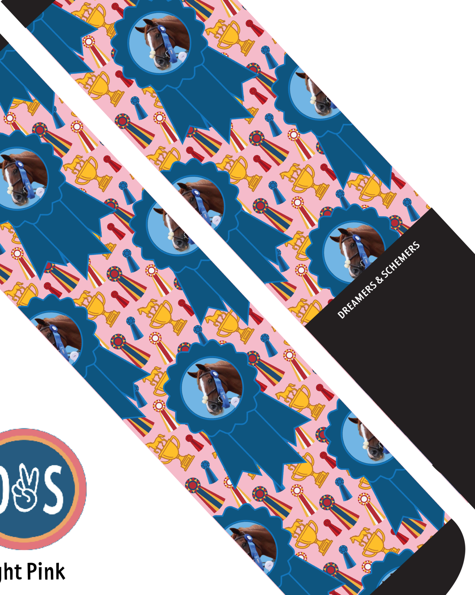 Custom blue ribbon winner boot socks with personalized photo design