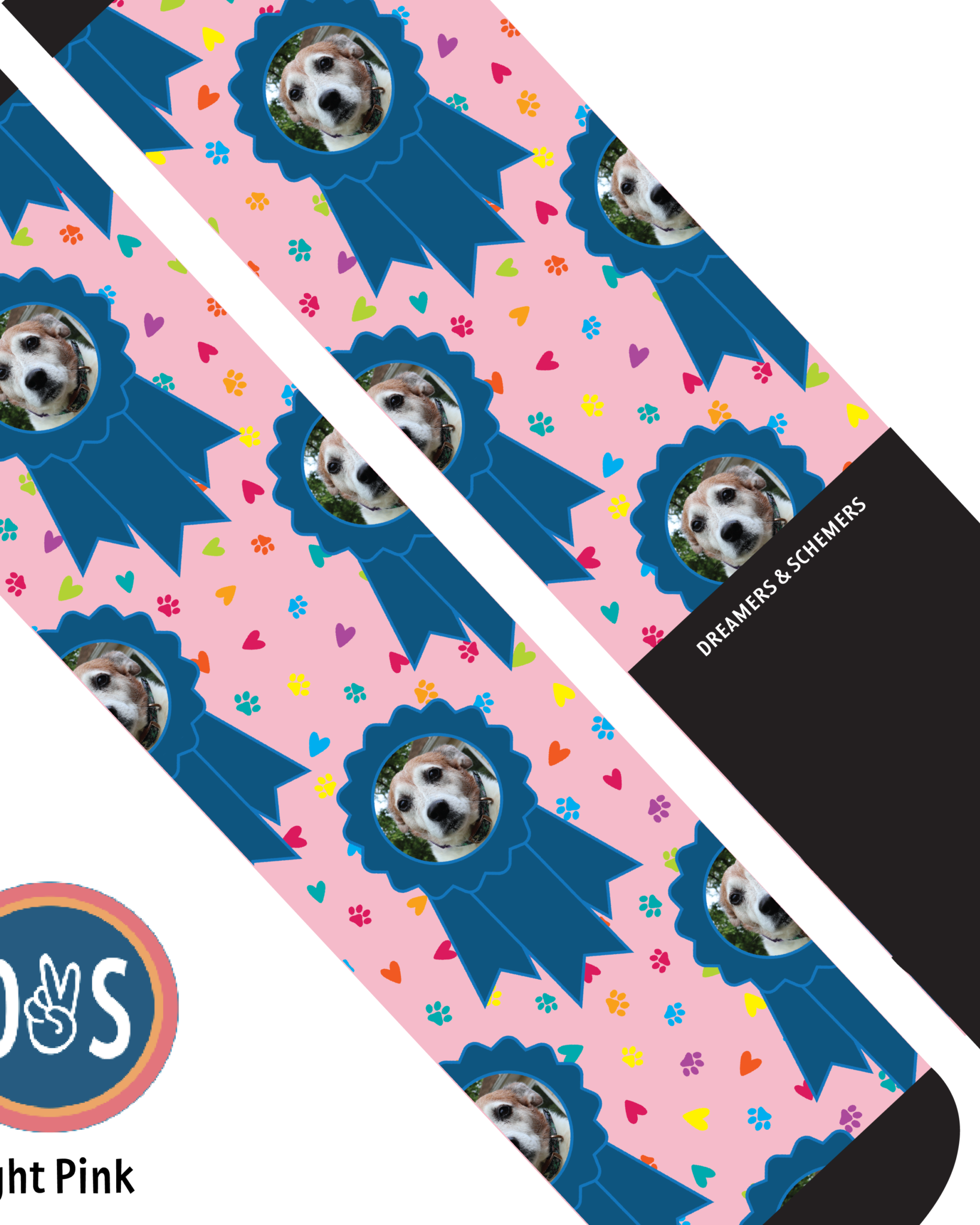 Custom blue ribbon and paw print boot socks with personalized photo and pattern design