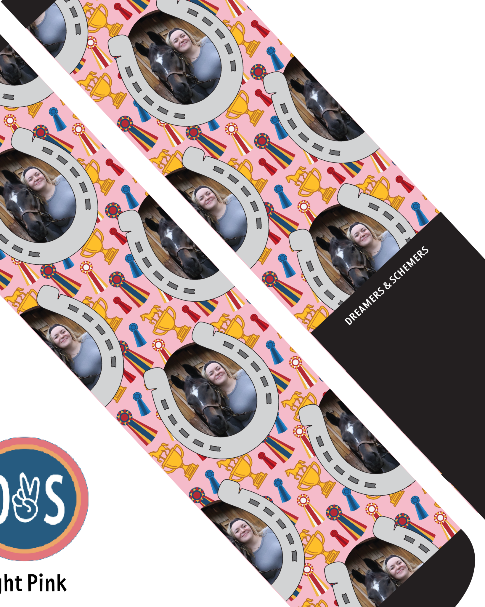 Custom boot socks featuring personalized horseshoes and winner winner design