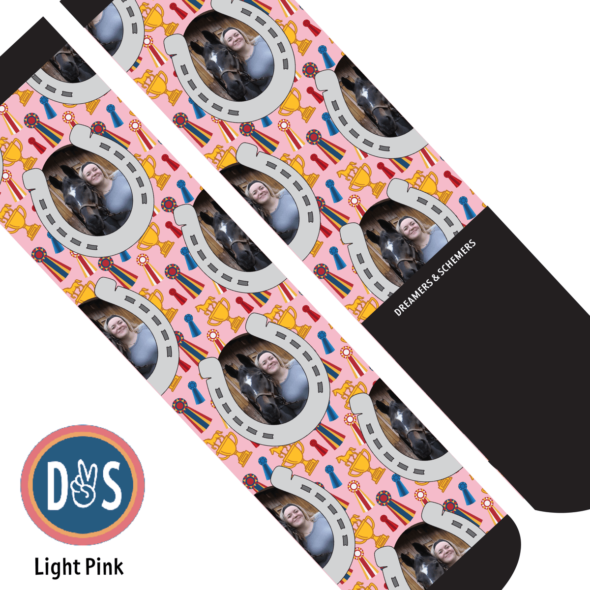 Custom boot socks featuring personalized horseshoes and winner winner design