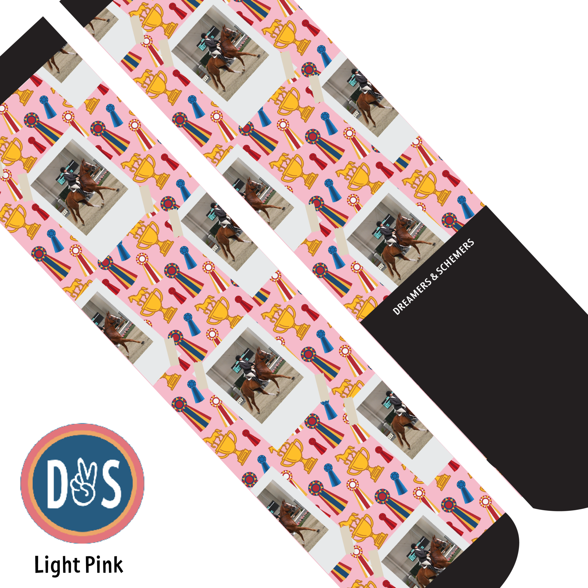 Light pink custom boot socks with horse photo and trophy ribbon pattern