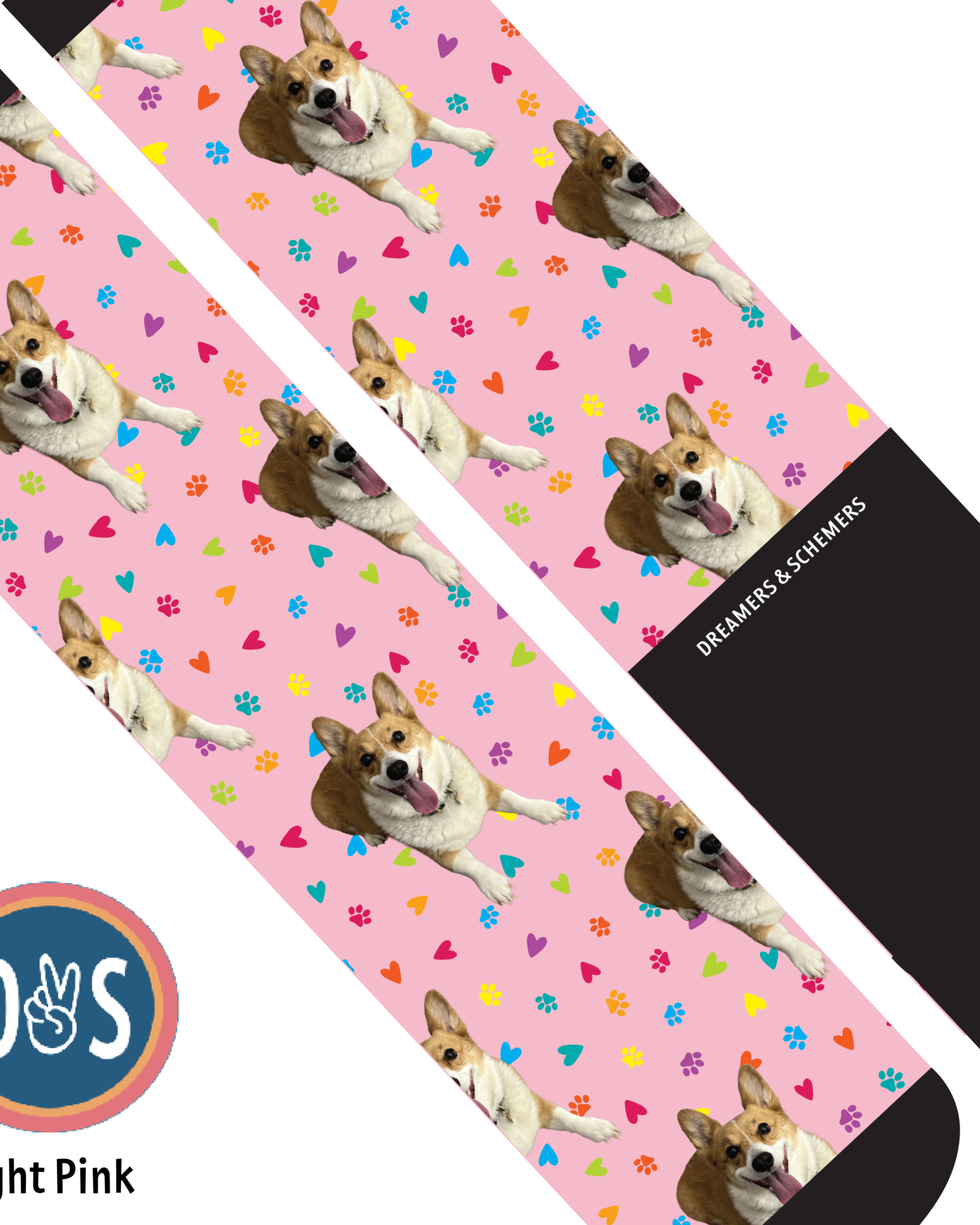 Custom light pink boot socks with repeated corgi dog and colorful paw prints pattern