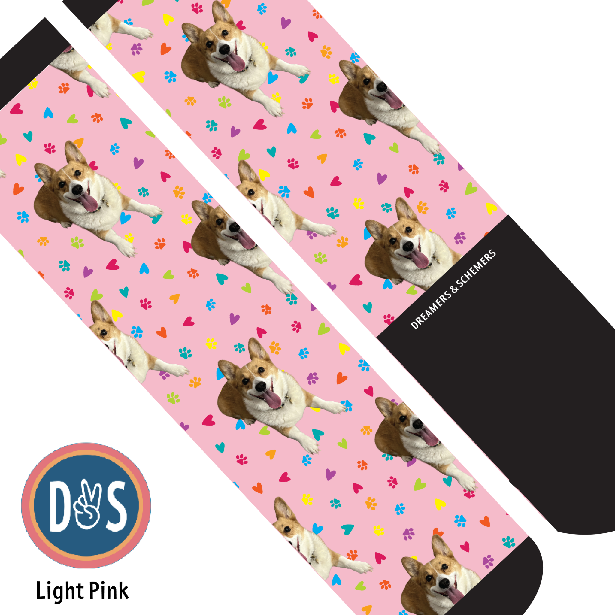 Custom light pink boot socks with repeated corgi dog and colorful paw prints pattern