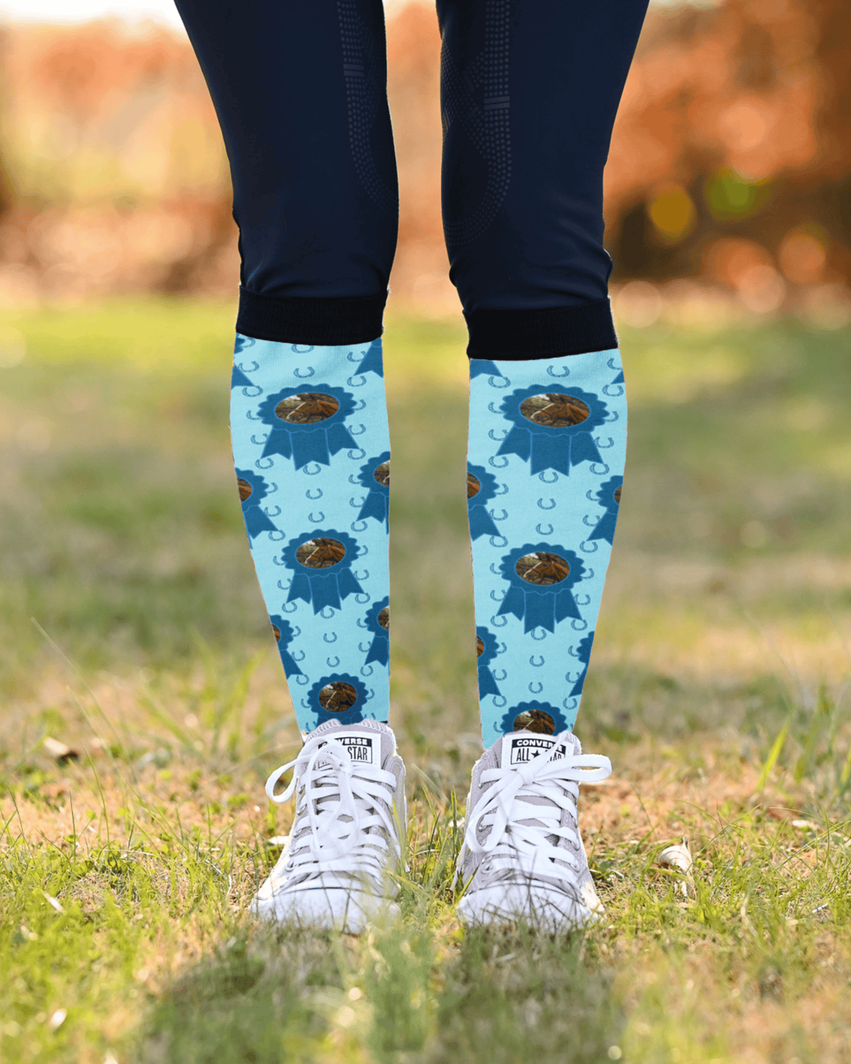 Blue Ribbon & Blue Horseshoes custom photo equestrian boot socks, by Dreamers & Schemers