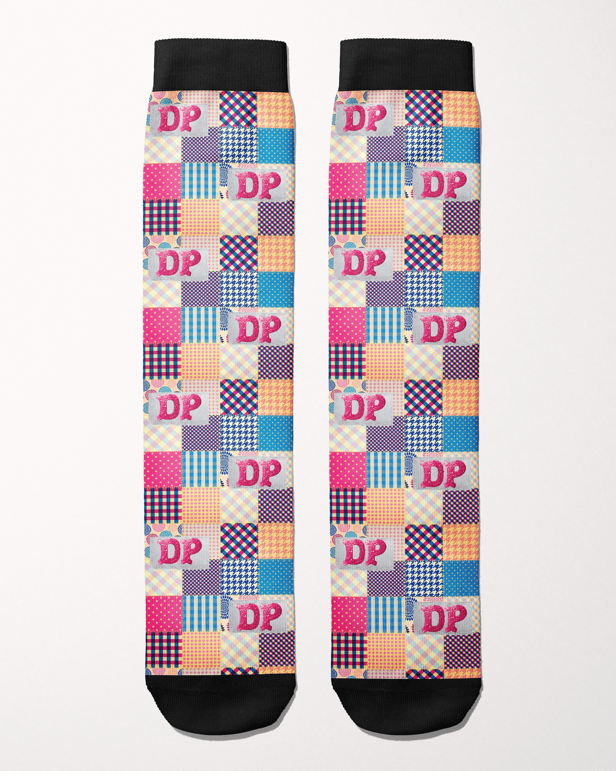 Socks of Many Colors boot socks in a multicolor patchwork quilt print, by Dreamers & Schemers