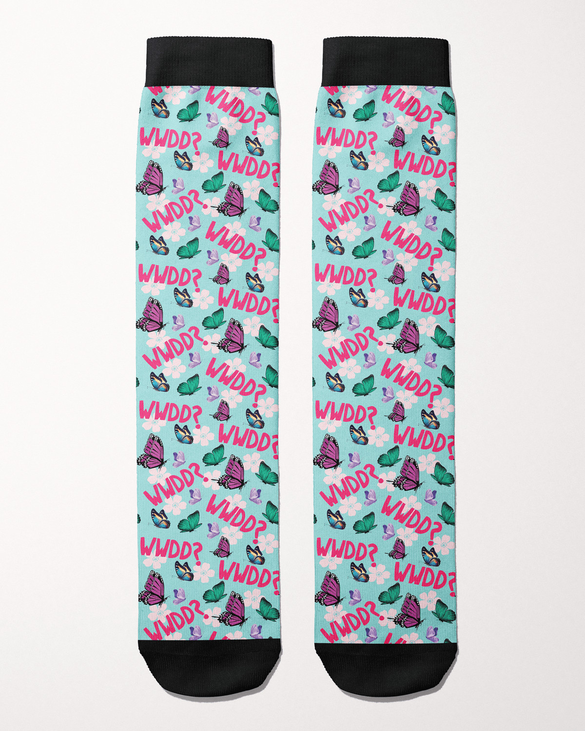 What Would Dolly Do? boot socks in mint green, full pattern of pink butterflies, florals and the WWDD? print